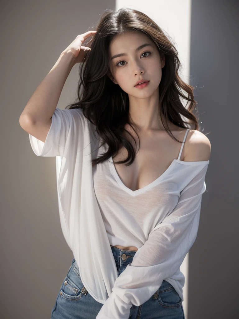 Best quality, masterpiece, ultra high res, (photorealistic:1.5), raw photo, 1girl, offshoulder, in the dark, deep shadow, low key, cold light, sexy look, black hair, midium wavy hair,big chest , model photo, girl looks straight at camera, in a photoshoot place, face is straight towards camera, white shirt with baggy jeans. A full-body image of a person standing upright, from head to toes. The person has a neutral expression and is wearing casual clothes. The background is simple and unadorned, focusing on the individual's full posture and appearance. The lighting is even and natural, emphasizing the person's stance from head to toes.
