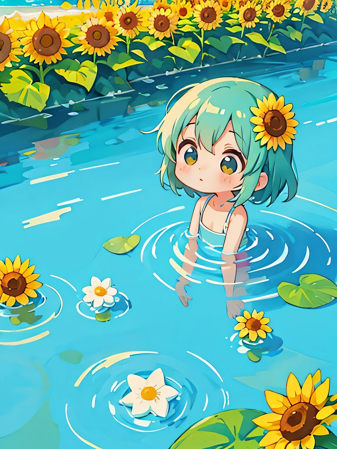 Hayao Miyazaki style, Kawaii Design, most beautiful girl ever、Chibi, Water Play、Beach、sunflower