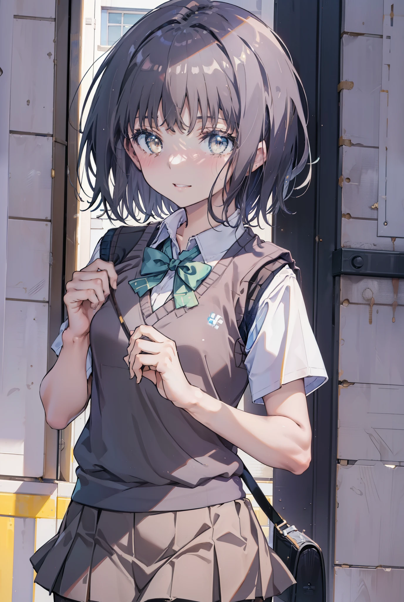 masterpiece, highest quality, Confused, Perfect Anatomy, 1 girl, alone, Itsuwa,short hair,Black Hair,Brown eyes,smile,blush,Open your mouth,Happy atmosphere,break skirt, shirt, bow, ribbon, , white shirt, Short sleeve, Pleated skirt, collared shirt, mini skirt, bowtie, 黒いloafers , Black Skirt, Black pantyhose, loafers, green bow, whole bodyがイラストに入るように, (blue sweater vest:1.5),evening,Sunset,The sun is setting,walking,break outdoors, Building district,
break looking at viewer, whole body,
break (masterpiece:1.2), highest quality, High resolution, unity 8k wallpaper, (figure:0.8), (Beautiful fine details:1.6), Highly detailed face, Perfect lighting, Highly detailed CG, (Perfect hands, Perfect Anatomy),