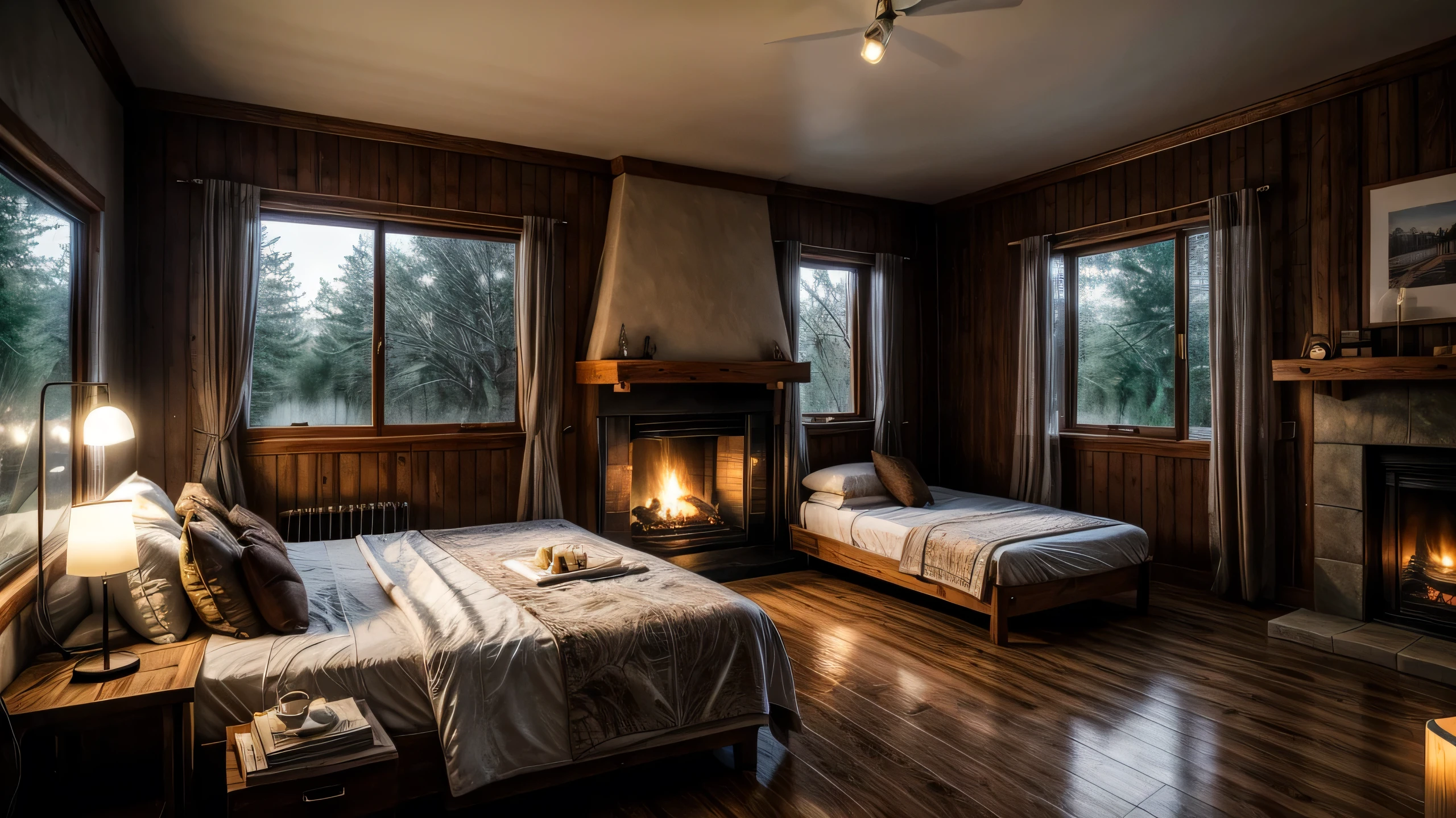 There is a bed in the room,There is a fireplace in the corner, Surrealism inspired by Gregory Crewdson, Unsplash Contest Winners, Surrealism, Photorealistic rendering with Unreal Engine, Cozy tree house bedroom, The forest can be seen through the large windows at night, In the bedroom, Rainy Days Indoors, Inside the cabin, Comfortable room, Bedroom lights dim, cozy place