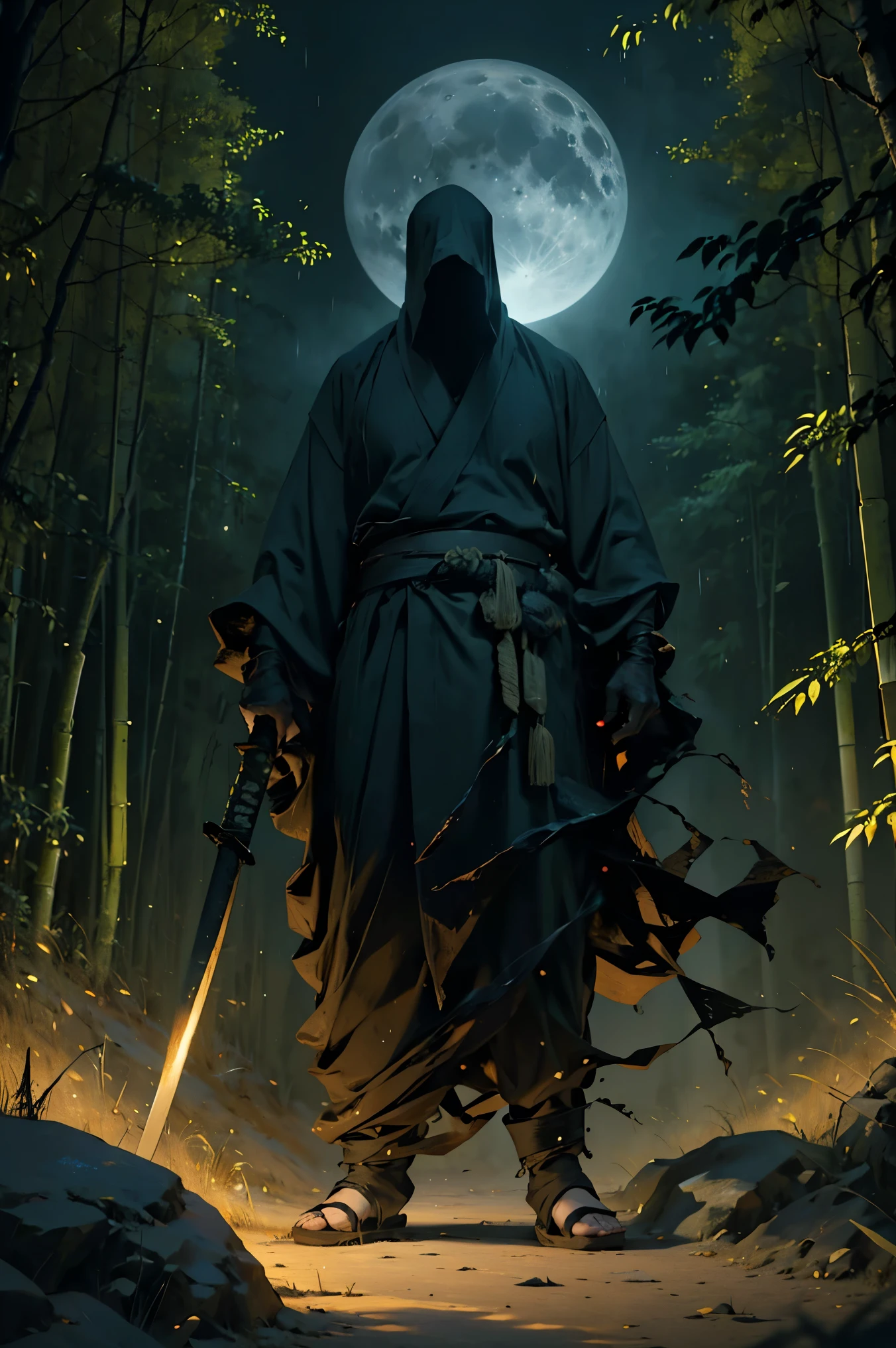 (best quality, 4k, highres, masterpiece:1.2), ultra-detailed, (realistic, photorealistic, photo-realistic:1.37), a man dressed as a samurai stands in the rain, wearing a bamboo hat (kasa) on his head. He is surrounded by a dense forest, alive with the sounds of nature. It's a moonlit night, and the darkness adds to the mysterious ambiance. The man is wearing a black kimono with neon red stripes that glow in the darkness, making him stand out in the scene. His sword (katana) is unsheathed, combat scenes in the face of imminent disasters,