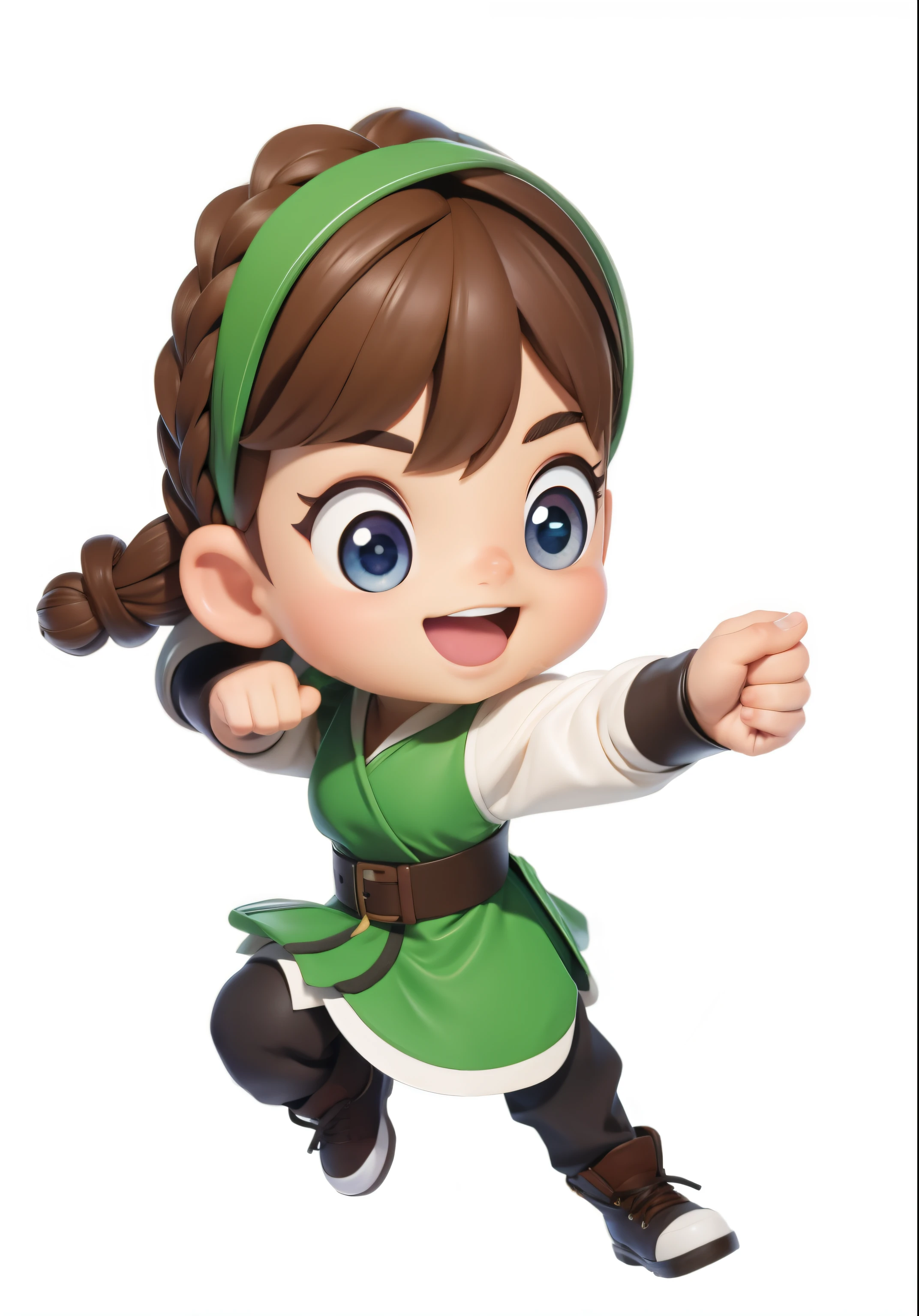 #11: Pixie Long Braided Brown Hair, Cute cartoon characters, female forest archer, Animated Characters,braid，Bright Eyes，Black eyes，Look down，eyes look below，surprise，Green hair accessories，Long eyelashes， Green Skirt，Shoe details，High-quality character design, The skirt is neat and tidy，Simple details on the skirt，Lovely characters, Super Detail，Hand details，There are fingers，(Delicate skin: 1.3) (8K) (Detail eyes) (Clear focus), (A bit angry), 1 Girl, Red Cliff, Luxurious fabrics, One meter and five heights，Arm stretch，Belt detail，3D Rendering，Q version cartoon