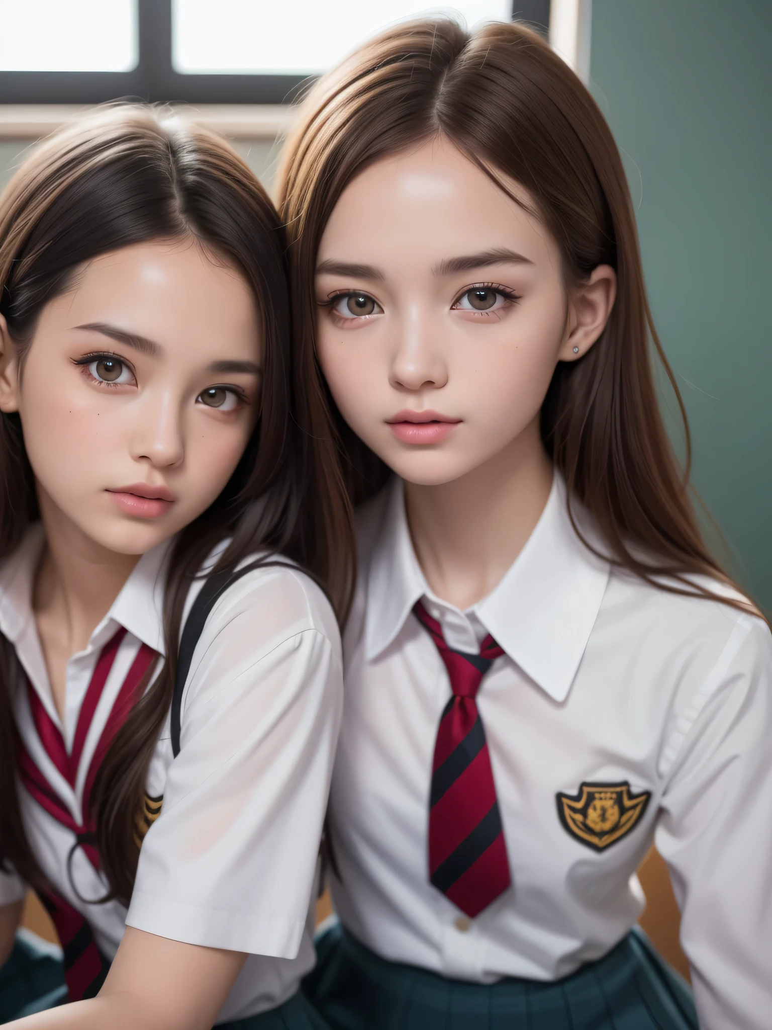 (2girl), (highly detailed Beautiful face), Amazing face and eyes, (Best Quality:1.4), (Ultra-detailed), (extremely detailed CG unified 8k wallpaper), Highly detailed, High-definition raw color photos, Professional Photography, Realistic portrait, Amazing face and eyes, Pink eyes, (hi-school uniform, pleated mini skirt:1.3), brown hair, model, depth of fields, School, classroom,