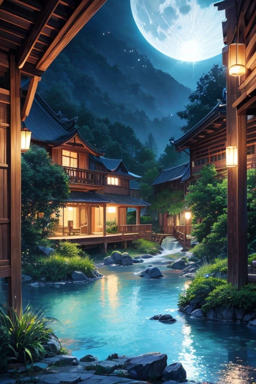 アジアの家のNight view, Vietnam, Vietnam, Hazan, moon, Lake in the foreground, quiet night, Green and Blue, Digital Illustration, Highly detailed digital art in 4K, Night view, anime art wallpaper 4k, anime art wallpaper 4k, 4K Detailed Digital Art, Natural scenery at night, Anime Art Wallpapers 8K, Background artwork, Beautiful Art UHD 4K, 4k HD illustration wallpaper