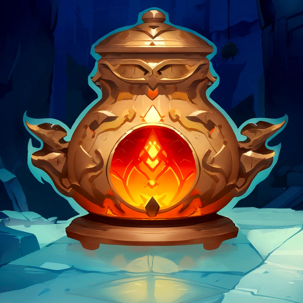 there is a cartoon image of a gold urn with a question mark, stylized game art, stylized concept art, item art, art of wlop and greg rutkowski, polycount contest winner, object concept art, hyperdetailed scp artifact jar, game asset, ancient symbol behind it, dim lantern, rendered art, game icon stylized, loot box,Alchemy furnace,Chinese style,