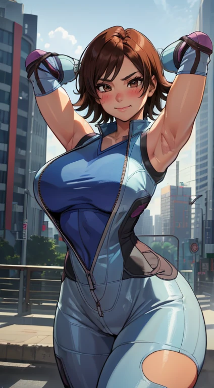 (melhor qualidade:1.3), (qualidade 4K), asuka kazama, ((detailed face)),((smile)), ((curvy body)), (peitos grandes), sexy, (( cut hair)), ((body suit clivagem, sleeveless)), ((city)), arms up, armpits visible