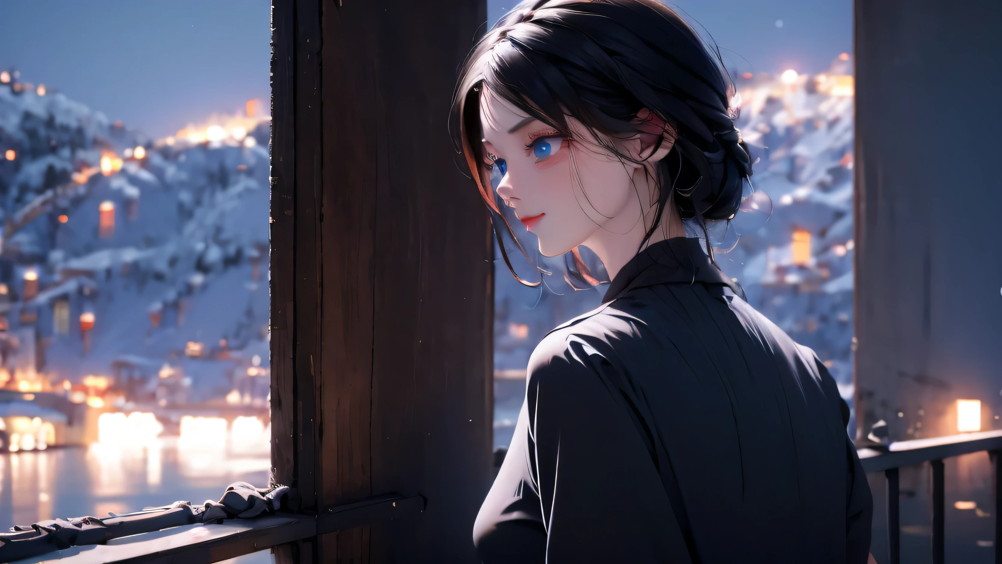 1 girl, medium light black hair, light blue eyes, wearing black suit, night city, 18+ , high res, ultrasharp, 8K, masterpiece, looking from behind