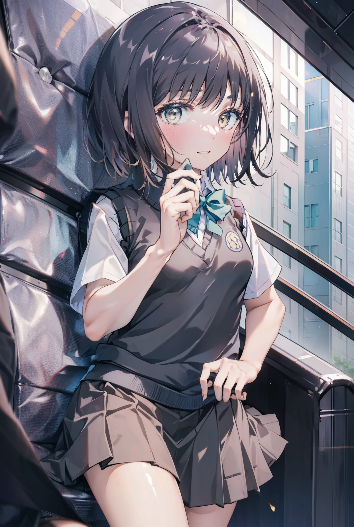 masterpiece, highest quality, Confused, Perfect Anatomy, 1 girl, alone, Itsuwa,short hair,Black Hair,Brown eyes,smile,blush,Open your mouth,Happy atmosphere,break skirt, shirt, bow, ribbon, , white shirt, Short sleeve, Pleated skirt, collared shirt, mini skirt, bowtie, 黒いloafers , Black Skirt, Black pantyhose, loafers, green bow, whole bodyがイラストに入るように, (blue sweater vest:1.5),evening,Sunset,The sun is setting,walking,break outdoors, Building district,
break looking at viewer, whole body,
break (masterpiece:1.2), highest quality, High resolution, unity 8k wallpaper, (figure:0.8), (Beautiful fine details:1.6), Highly detailed face, Perfect lighting, Highly detailed CG, (Perfect hands, Perfect Anatomy),