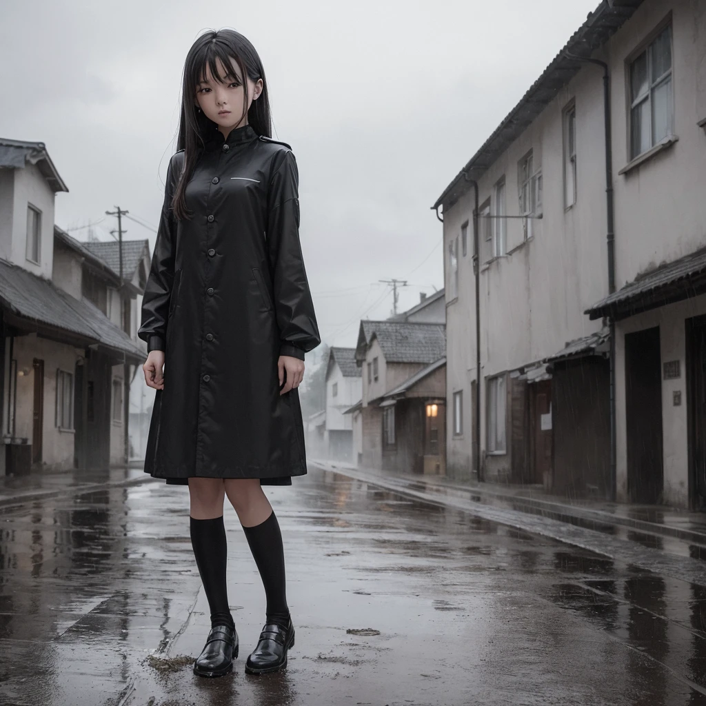 In the quaint, rain-soaked village, a solitary girl clad in a black uniform stands on the deserted street, looking directly at the viewer. The melancholic ambiance of the day is accentuated by the drizzling rain, as it pelts against the girl's uniform, making it seem almost translucent. In the background, a car can be seen parked in a nearby field, its tires kicking up mud as if beckoning the passing of time. The village, shrouded in monochrome tones, is picturesquely framed by the falling rain and the grey, moody sky overhead. The intricate details of the scene are rendered in best quality, ultra-,cross