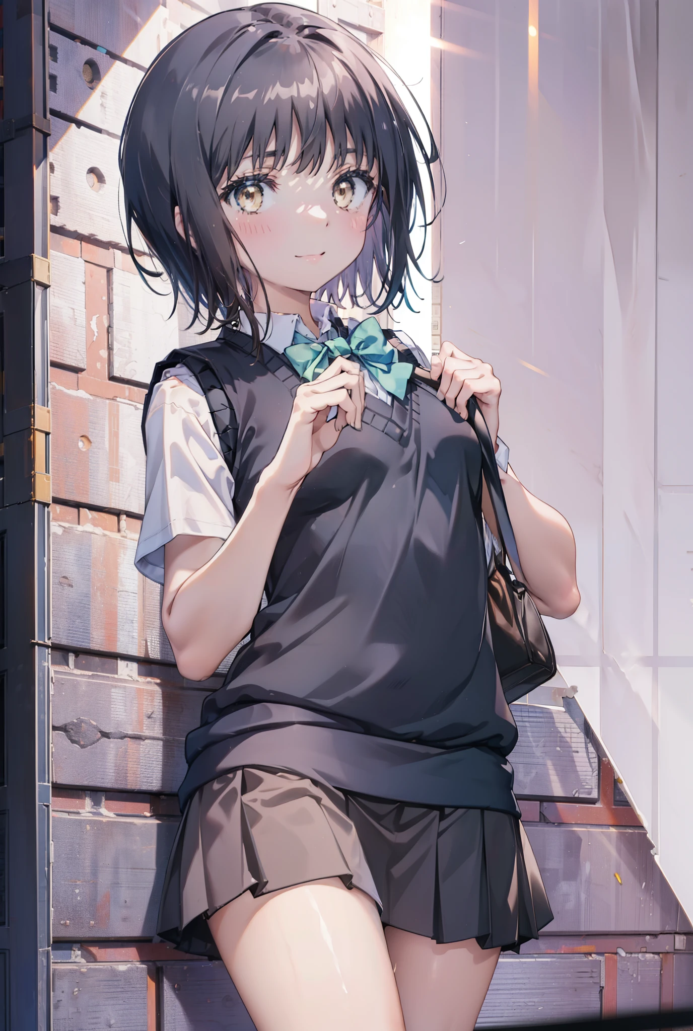 masterpiece, highest quality, Confused, Perfect Anatomy, 1 girl, alone, Itsuwa,short hair,Black Hair,Brown eyes,smile,blush,Open your mouth,Happy atmosphere,break skirt, shirt, bow, ribbon, , white shirt, Short sleeve, Pleated skirt, collared shirt, mini skirt, bowtie, 黒いloafers , Black Skirt, Black pantyhose, loafers, green bow, whole bodyがイラストに入るように, (blue sweater vest:1.5),evening,Sunset,The sun is setting,walking,break outdoors, Building district,
break looking at viewer, whole body,
break (masterpiece:1.2), highest quality, High resolution, unity 8k wallpaper, (figure:0.8), (Beautiful fine details:1.6), Highly detailed face, Perfect lighting, Highly detailed CG, (Perfect hands, Perfect Anatomy),