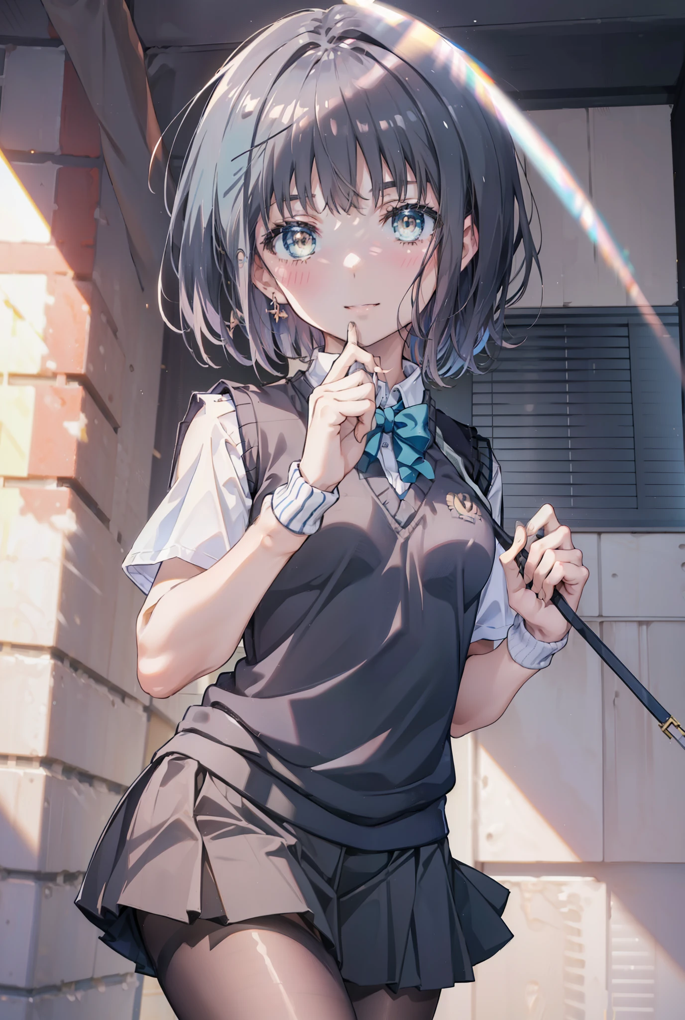 masterpiece, highest quality, Confused, Perfect Anatomy, 1 girl, alone, Itsuwa,short hair,Black Hair,Brown eyes,smile,blush,Open your mouth,Happy atmosphere,break skirt, shirt, bow, ribbon, , white shirt, Short sleeve, Pleated skirt, collared shirt, mini skirt, bowtie, 黒いloafers , Black Skirt, Black pantyhose, loafers, green bow, whole bodyがイラストに入るように, (blue sweater vest:1.5),evening,Sunset,The sun is setting,walking,break outdoors, Building district,
break looking at viewer, whole body,
break (masterpiece:1.2), highest quality, High resolution, unity 8k wallpaper, (figure:0.8), (Beautiful fine details:1.6), Highly detailed face, Perfect lighting, Highly detailed CG, (Perfect hands, Perfect Anatomy),