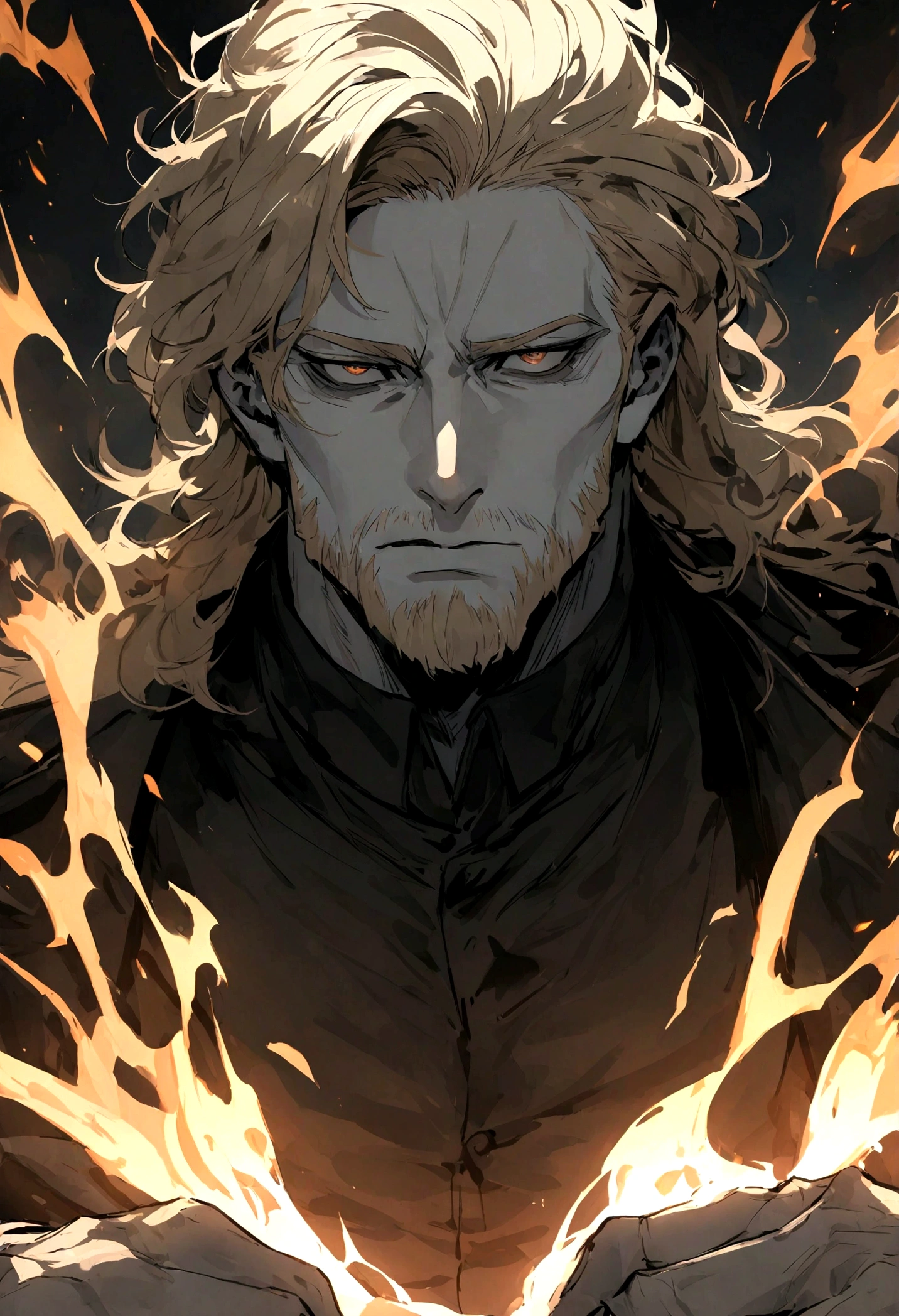 Pale skin and a gaunt face. Romanian ethnicity with messy blond hair and short beard. Wearing a black suit and black shirt, with intense almond eyes smouldering. A sense of power and authority. A rugged appearance. Young man. tiered eyes