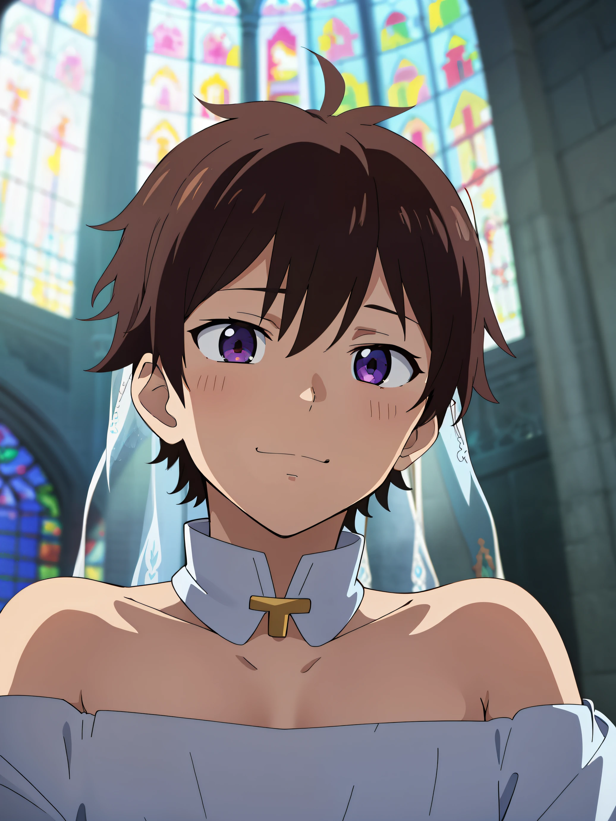 Anime style, Highres, Masterpiece, Best quality at best,High-quality illustrations, Best Quality,hight quality, hight detailed, Depth field, Anime screencap style, 1boy,Little Boy, Shota, Solo person, Inside a church, Style of wedd00ing, cute face, adorable boy, Handsome boy, Cheerful boy, Strapless dress, Body, Seen from front, boy focus, Uhd, 4k