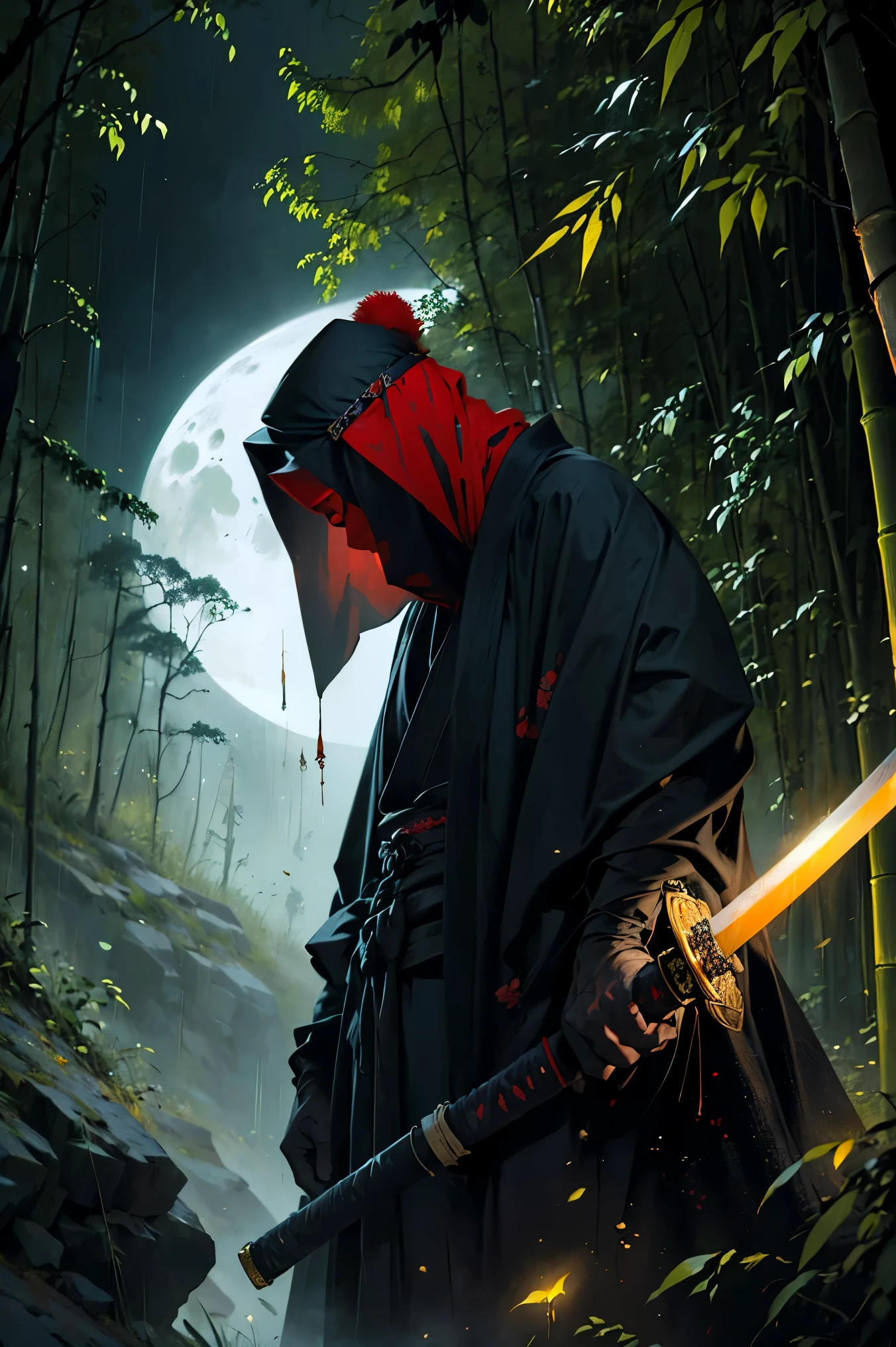 (best quality, 4k, highres, masterpiece:1.2), ultra-detailed, (realistic, photorealistic, photo-realistic:1.37), a man dressed as a samurai stands in the rain, wearing a bamboo hat (kasa) on his head. He is surrounded by a dense forest, alive with the sounds of nature. It's a moonlit night, and the darkness adds to the mysterious ambiance. The man is wearing a black kimono with neon red stripes that glow in the darkness, making him stand out in the scene. His sword (katana) is unsheathed, combat in the face of imminent disasters,
