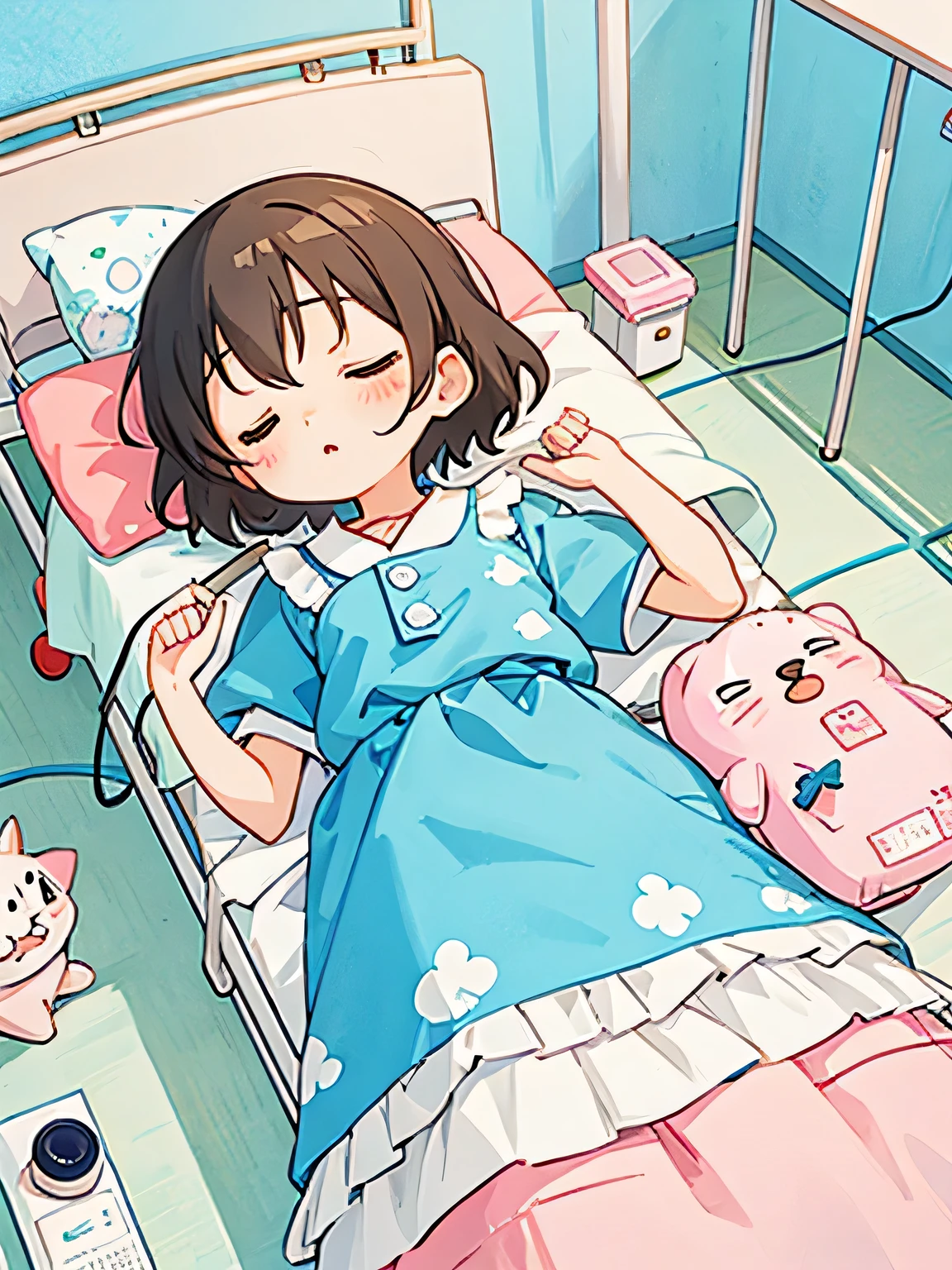 Hayao Miyazaki style, Kawaii Design, most beautiful girl ever、Chibi, afternoon nap、hospital bed,