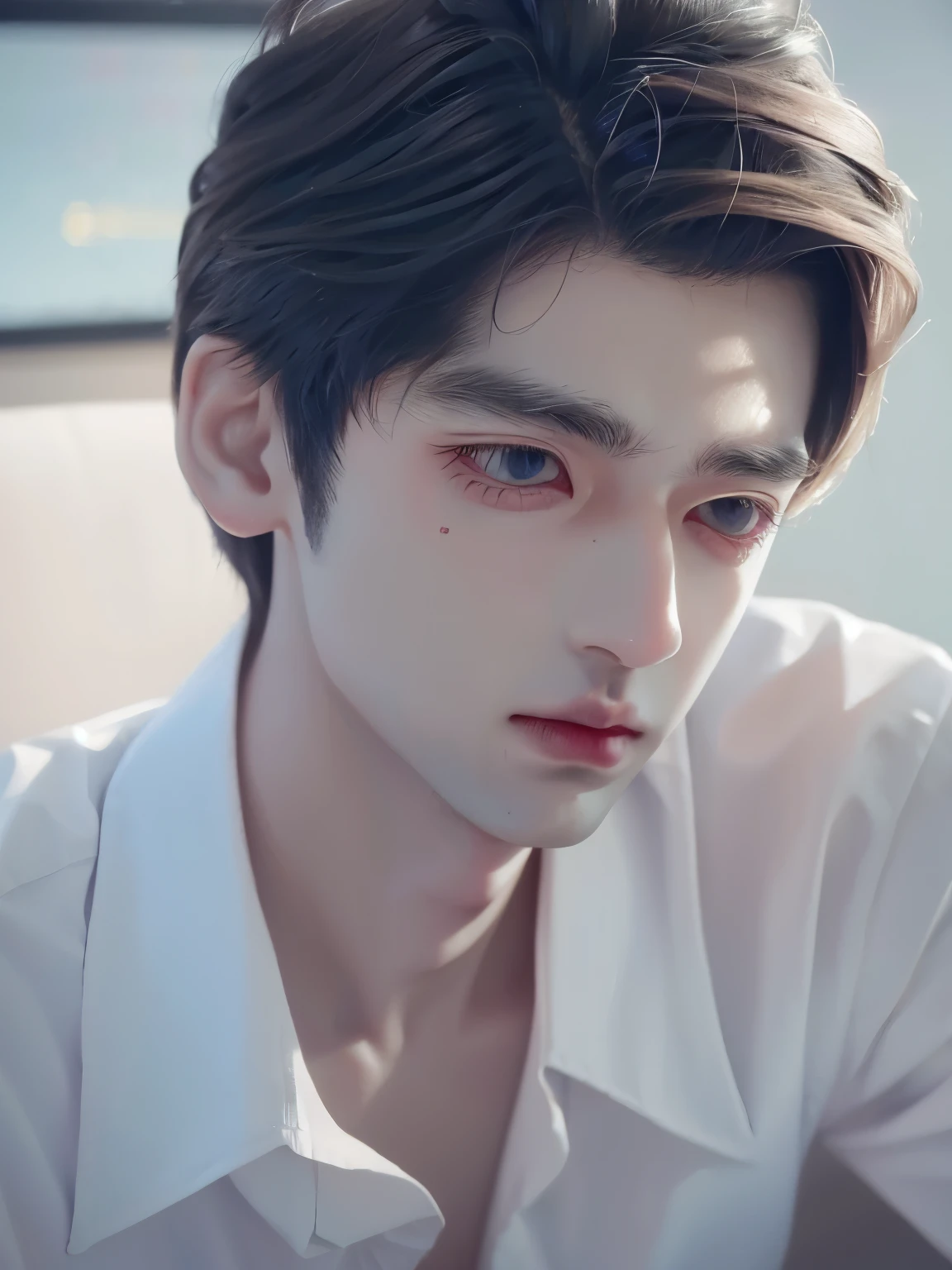 Un chico guapo, con: ojos rasgados color miel claro, nice and long eyelashes, cejas gruesas y masculinas, nariz respingado, perfil perfecto, labios gruesos, crimson heart shaped lips, cuello marcado, pale white skin, piel con lunares y pecas, piel con maquillaje simple para hombres, piel con tonos rosas, rostro masculino, rostro de un chico, while you are using: unas gafas de oficina, con un traje color negro, camisa abierta, in an office sitting in an armchair, con un vino tinto, boy sitting in an armchair, while looking at the camera
