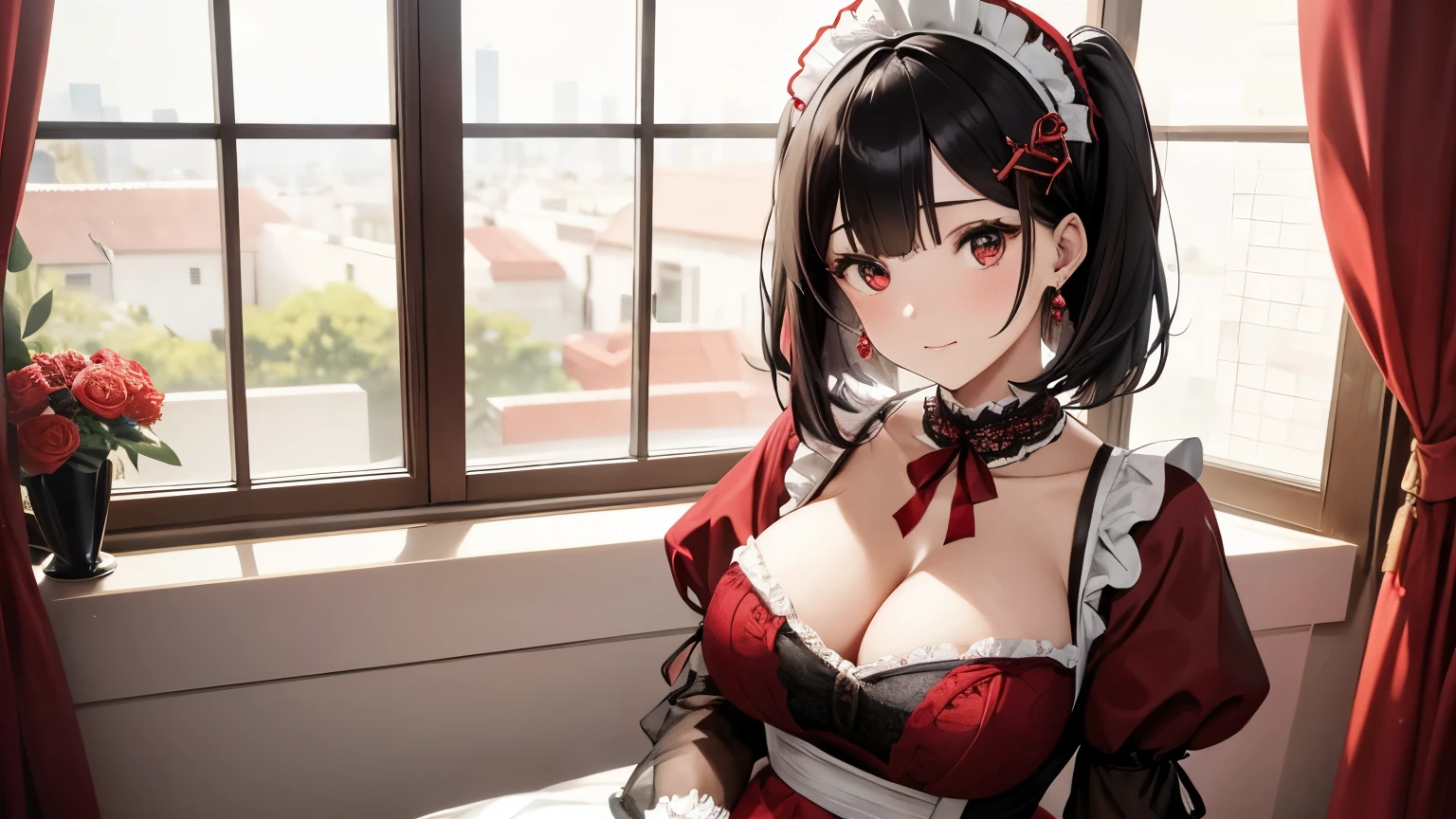 A beautiful girl wearing a red maid outfit with lots of frills and lace　Black bob with hair ornament　Upper Body　Big Breasts