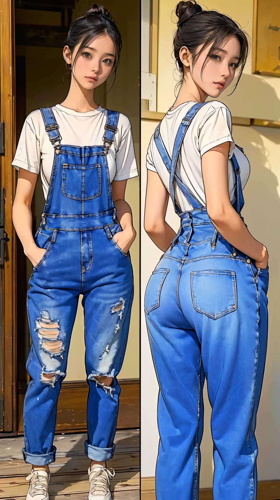 ((masterpiece)),(((highest quality))),((Reference Sheet, Character Design, front, return, ~ ~ side, Mr..々Hairstyle, Mr..々Performance, Facial Expressions)), , Cute type, (Very slim:1.4), (Very small ass:1.4), Realistic buttocks, Big Breasts, Short Bob, Thin thighs, Long legs, It's not a big deal, ((Beautiful artist in jeans overalls、After painting on a large canvas、Relax in the art studio。, sneakers, 19th century Parisian artists, Messy hair bun)), ((Browsing Caution:1.0))