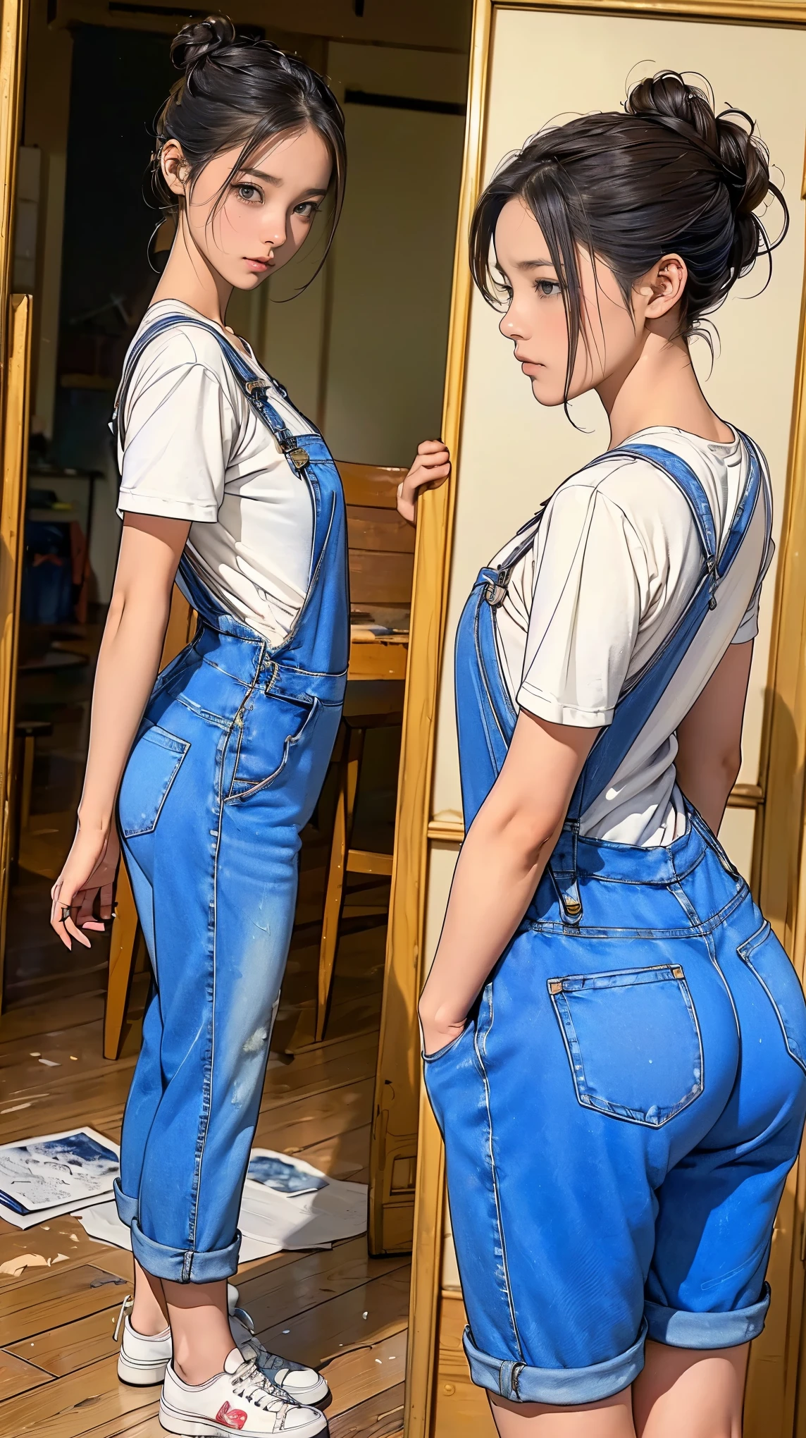 ((masterpiece)),(((highest quality))),((Reference Sheet, Character Design, front, return, ~ ~ side, Mr..々Hairstyle, Mr..々Performance, Facial Expressions)), 14-year-old girl, Cute type,  (Very slim:1.4),  (Very small ass:1.4), Realistic buttocks, Big Breasts, Short Bob, Thin thighs, Long legs, It's not a big deal, ((Beautiful artist in jeans overalls、After painting on a large canvas、Relax in the art studio。, sneakers,  19th century Parisian artists, Messy hair bun)), ((Browsing Caution:1.0))