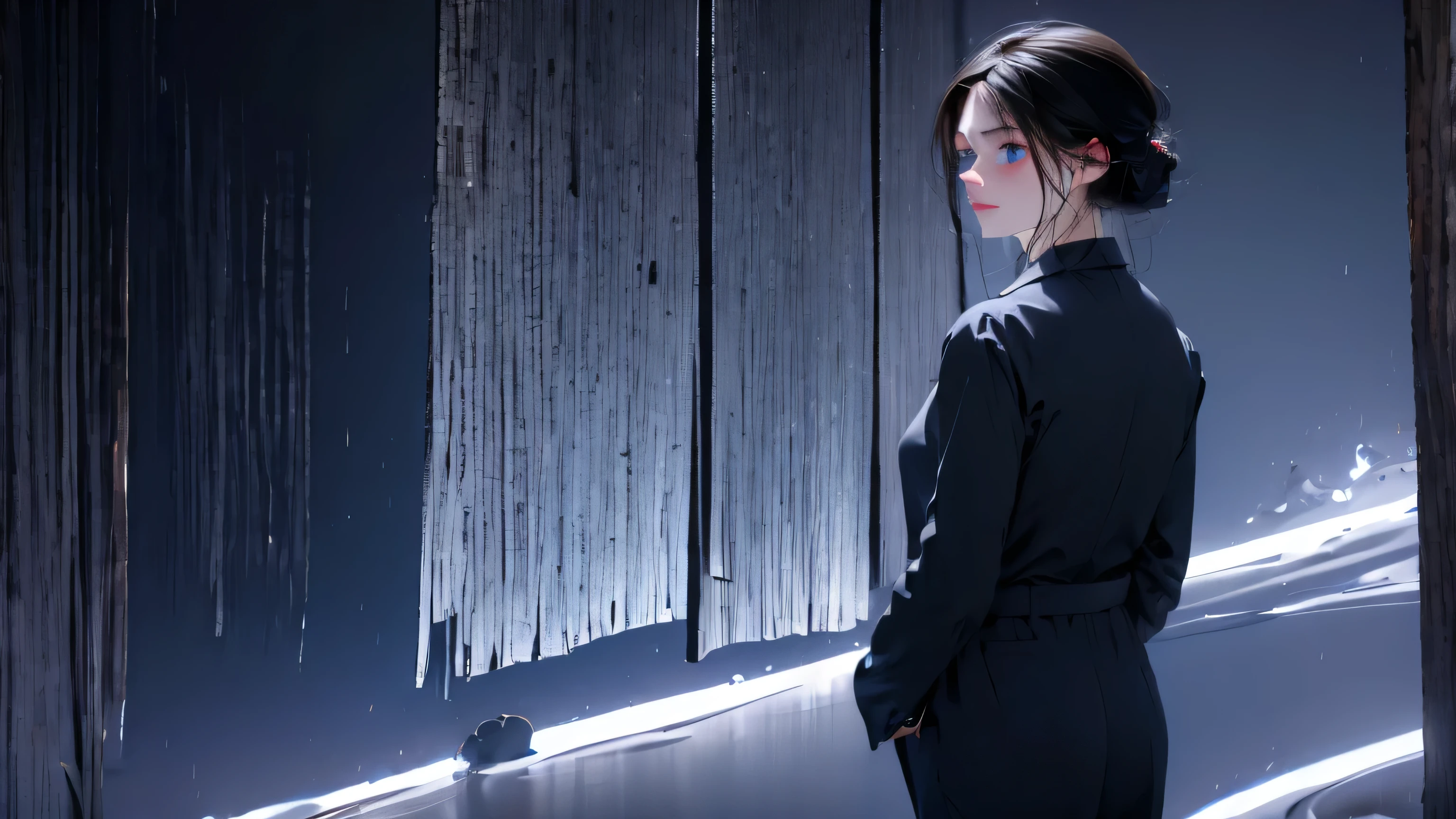 1 girl, medium light black hair, light blue eyes, wearing black suit, night city, ??? , high res, ultrasharp, 8K, masterpiece, looking ???????????