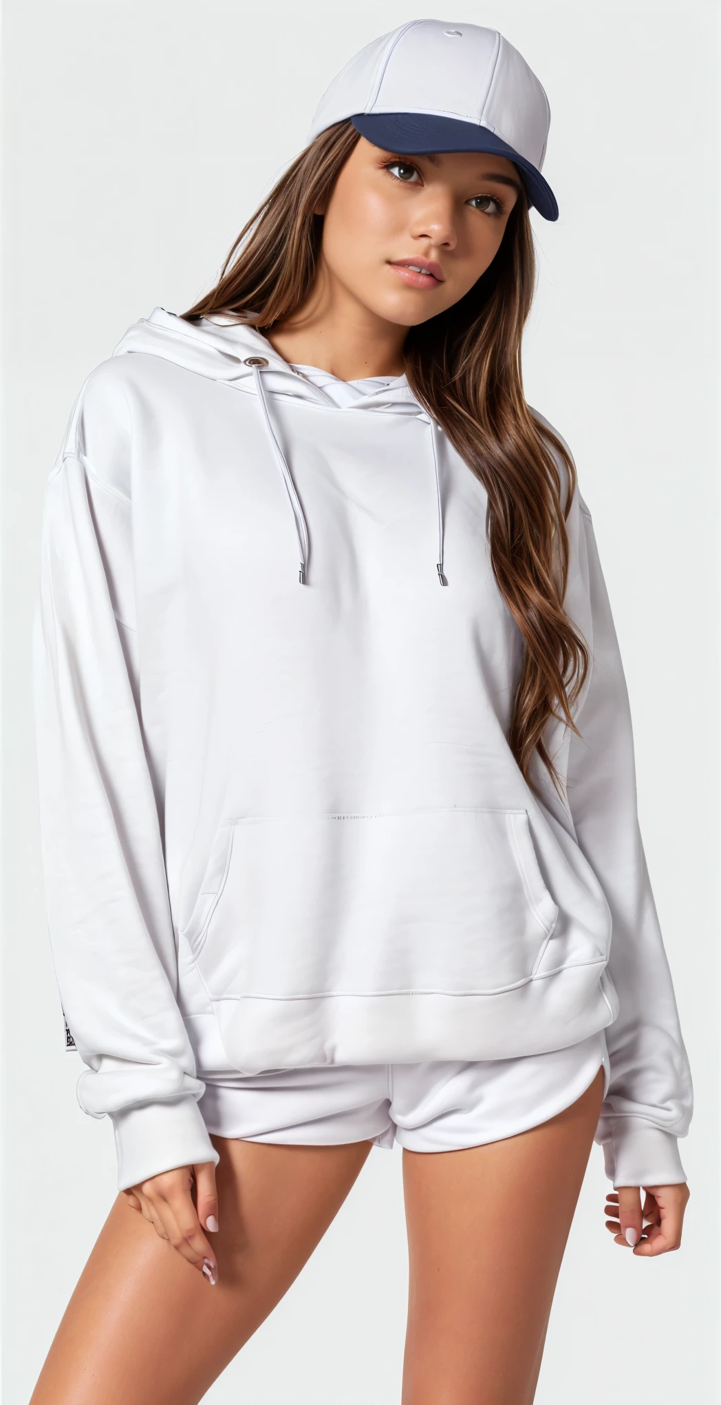 a woman wearing a white sweatshirt and shorts with a baseball cap, light cinza, vestindo moletom, cinza, cinza sweater, roupa branca casual, designed for a cozy aesthetic!, Roupa casual, White Sweater, white and cinza, terno branco liso e justo, fechar detalhes, wearing a cinza hooded sweatshirt, mangas compridas, Moletom cinza, cinza clothes, cheio de detalhes