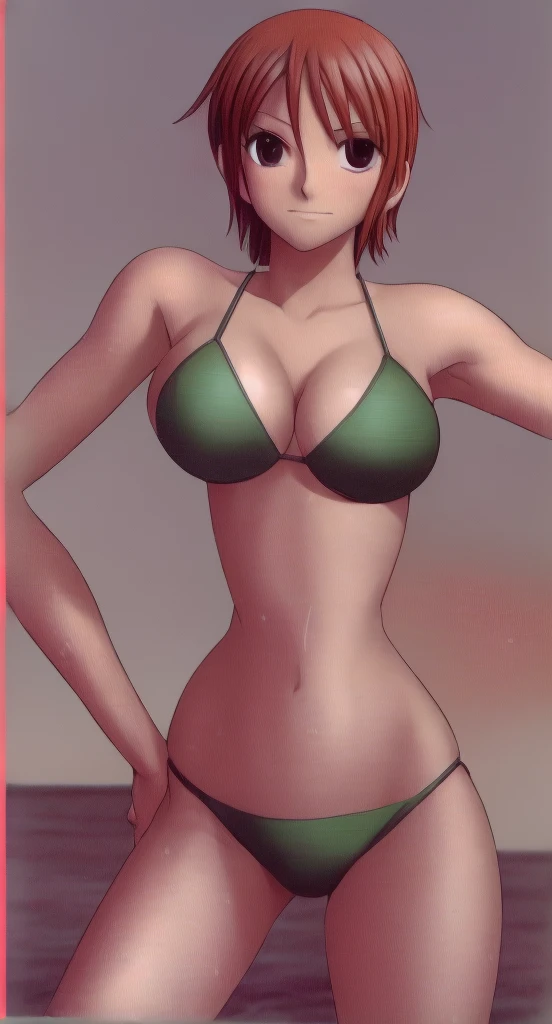 Nami, with her big breasts and beautiful legs, is standing in a bikini with her legs spread to the sides and one hand on her hip.。