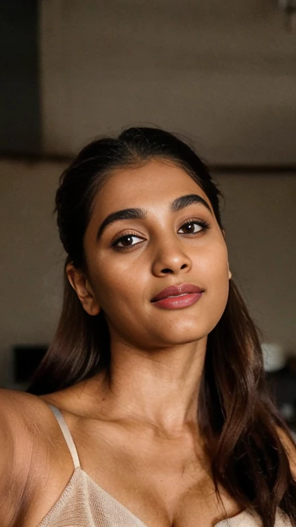 Selfie style,full-body close up portrait of Pooja hegde, poojah posing for naturally at home,thin eyebrow, with a seductive smile and a confident gaze directly at the camera. Free shaggy hair,Her juicy lips are slightly parted, and her curvy figure are accentuated by a form-fitting bralette navel is exposed, adding to the sensuality of the image. The lighting cool and flattering, with a hint of a blue glow, 70-200mm lens, f/4, eye-level shot, hyper-realistic, ultra-detailed, high-dynamic-range, perfect lighting, flawless skin,messy middle class bedroom background