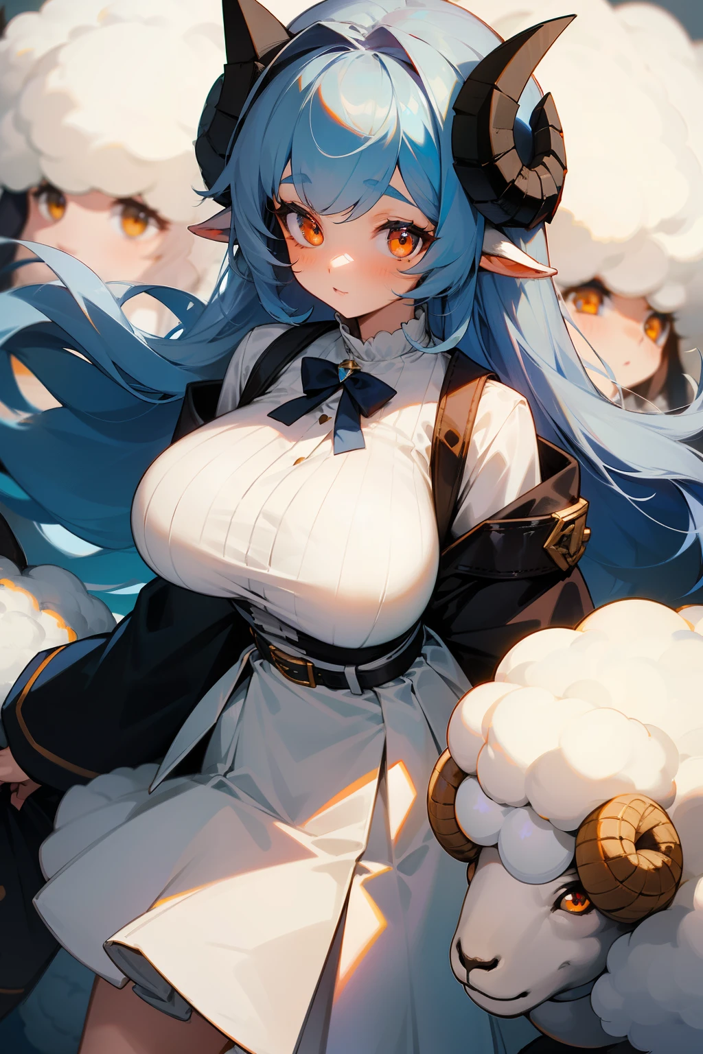 Girl, sheep ears, wide sheep eyes, wool clothes, big breasts, belt, white skirt, blue hair, orange eyes 