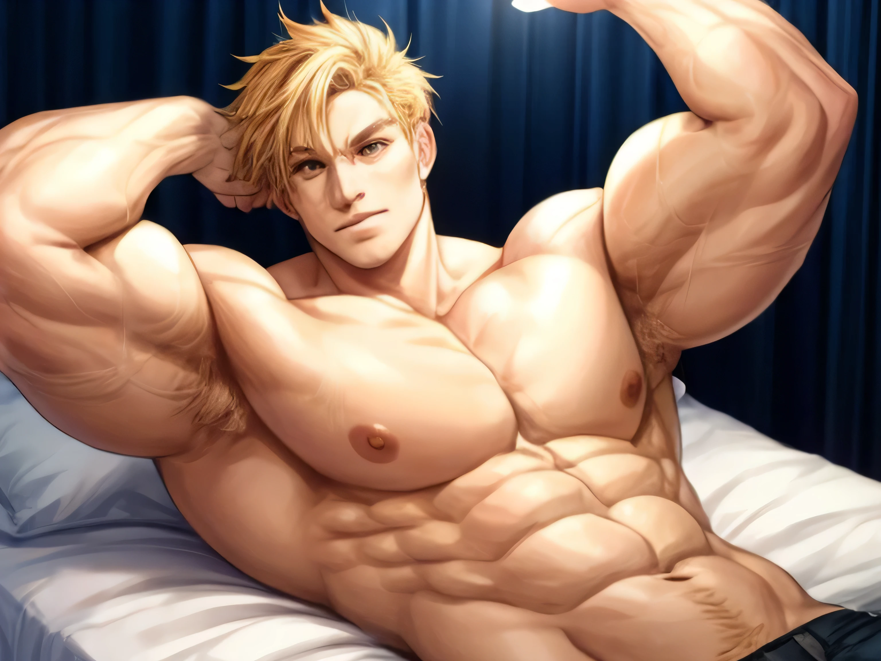 Muscular male,young male, with bulging muscles, laying in bed showing armpit, detailed, high detailed, naked, hyper muscle, huge body, yellow haired male, anime male, smiling, eye close, huge muscle, hyper size, full body head to toe