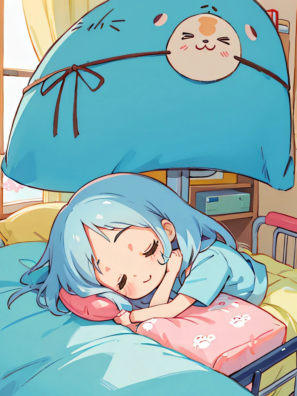 Hayao Miyazaki style, Kawaii Design, most beautiful girl ever、Chibi, best smile, afternoon nap、hospital bed,