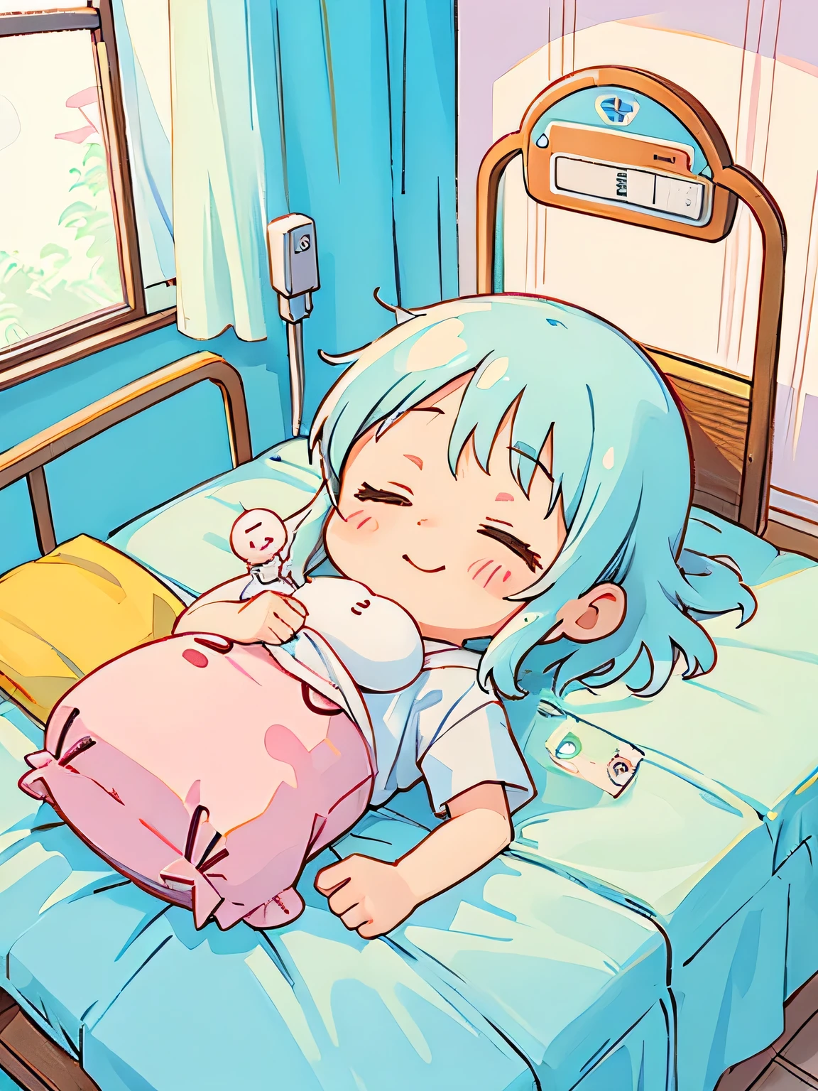 Hayao Miyazaki style, Kawaii Design, most beautiful girl ever、Chibi, best smile, afternoon nap、hospital bed,