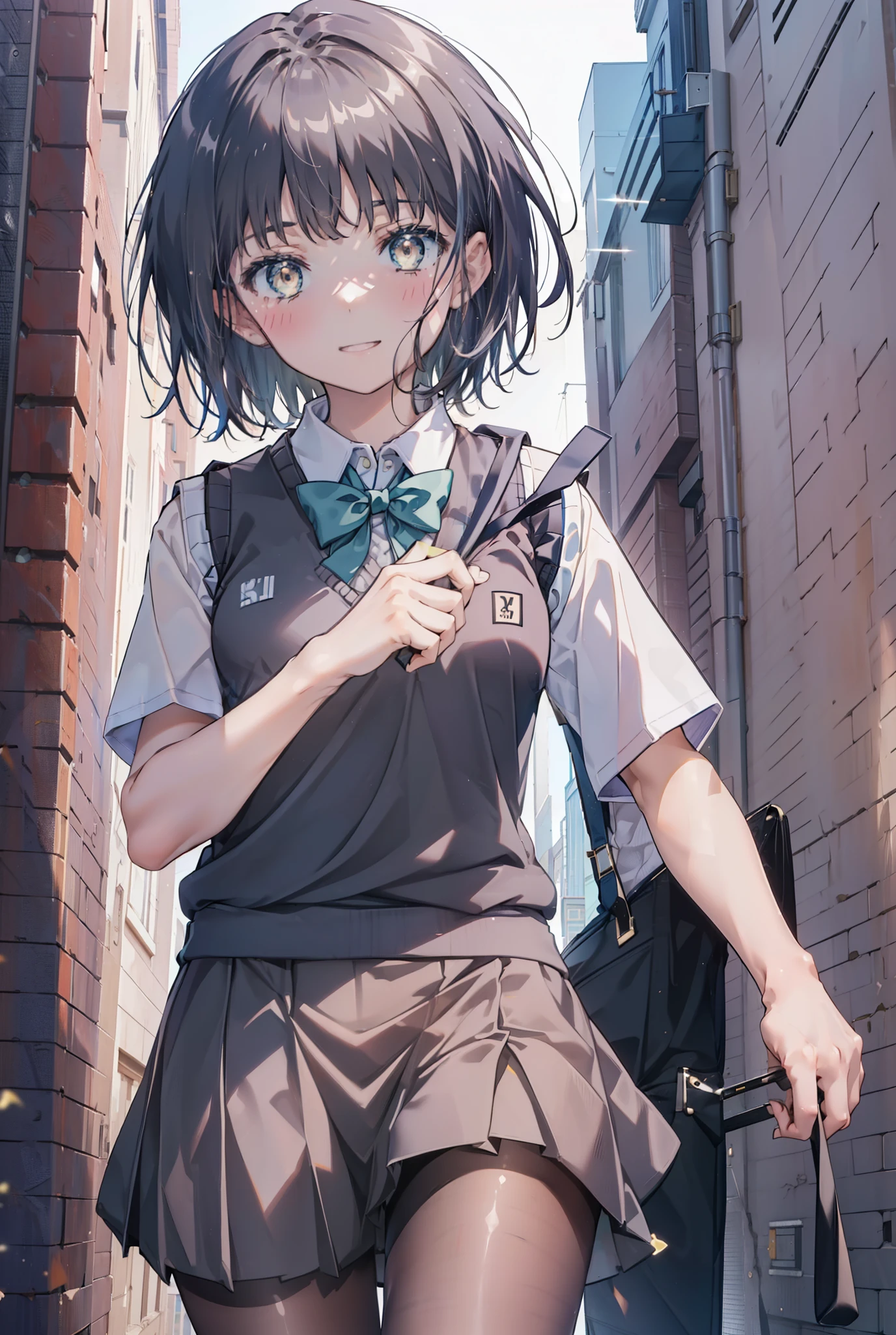 masterpiece, highest quality, Confused, Perfect Anatomy, 1 girl, alone, Itsuwa,short hair,Black Hair,Brown eyes,smile,blush,Open your mouth,Happy atmosphere,break skirt, shirt, bow, ribbon, , white shirt, Short sleeve, Pleated skirt, collared shirt, mini skirt, bowtie, 黒いloafers , Black Skirt, Black pantyhose, loafers, green bow, whole bodyがイラストに入るように, (blue sweater vest:1.5),evening,Sunset,The sun is setting,walking,break outdoors, Building district,
break looking at viewer, whole body,
break (masterpiece:1.2), highest quality, High resolution, unity 8k wallpaper, (figure:0.8), (Beautiful fine details:1.6), Highly detailed face, Perfect lighting, Highly detailed CG, (Perfect hands, Perfect Anatomy),