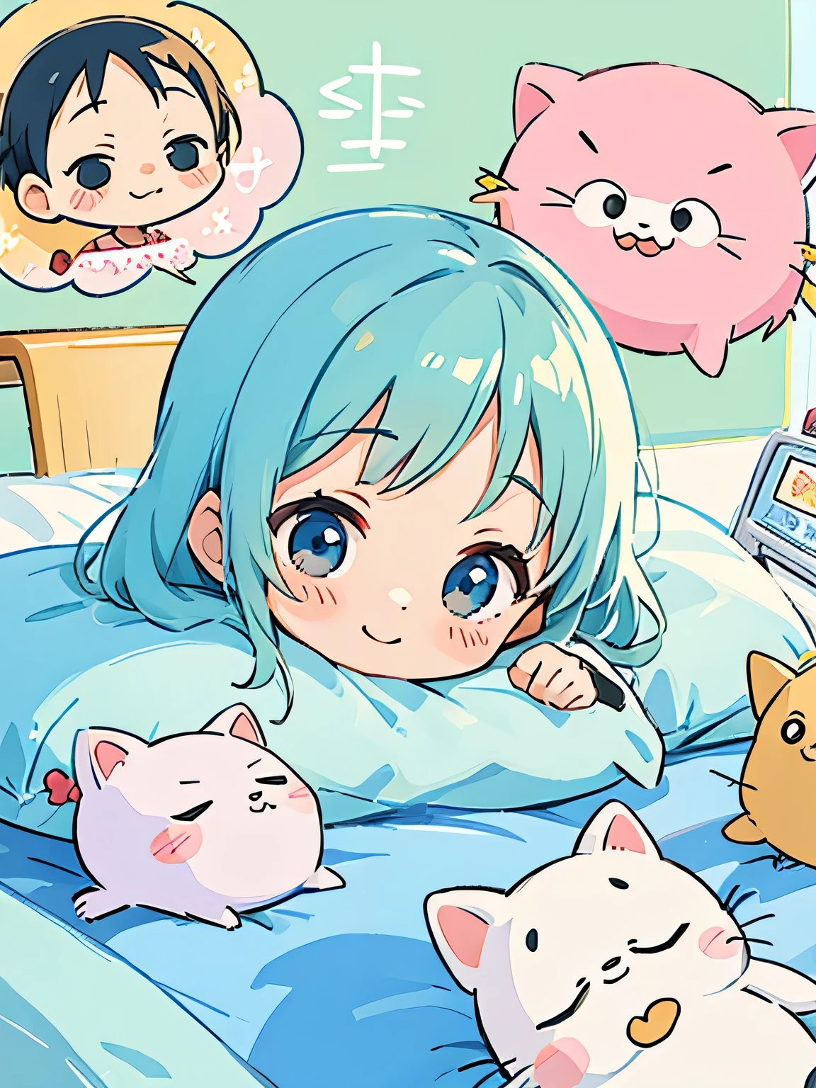 Hayao Miyazaki style, Kawaii Design, most beautiful girl ever、Chibi, best smile, afternoon nap、hospital bed,