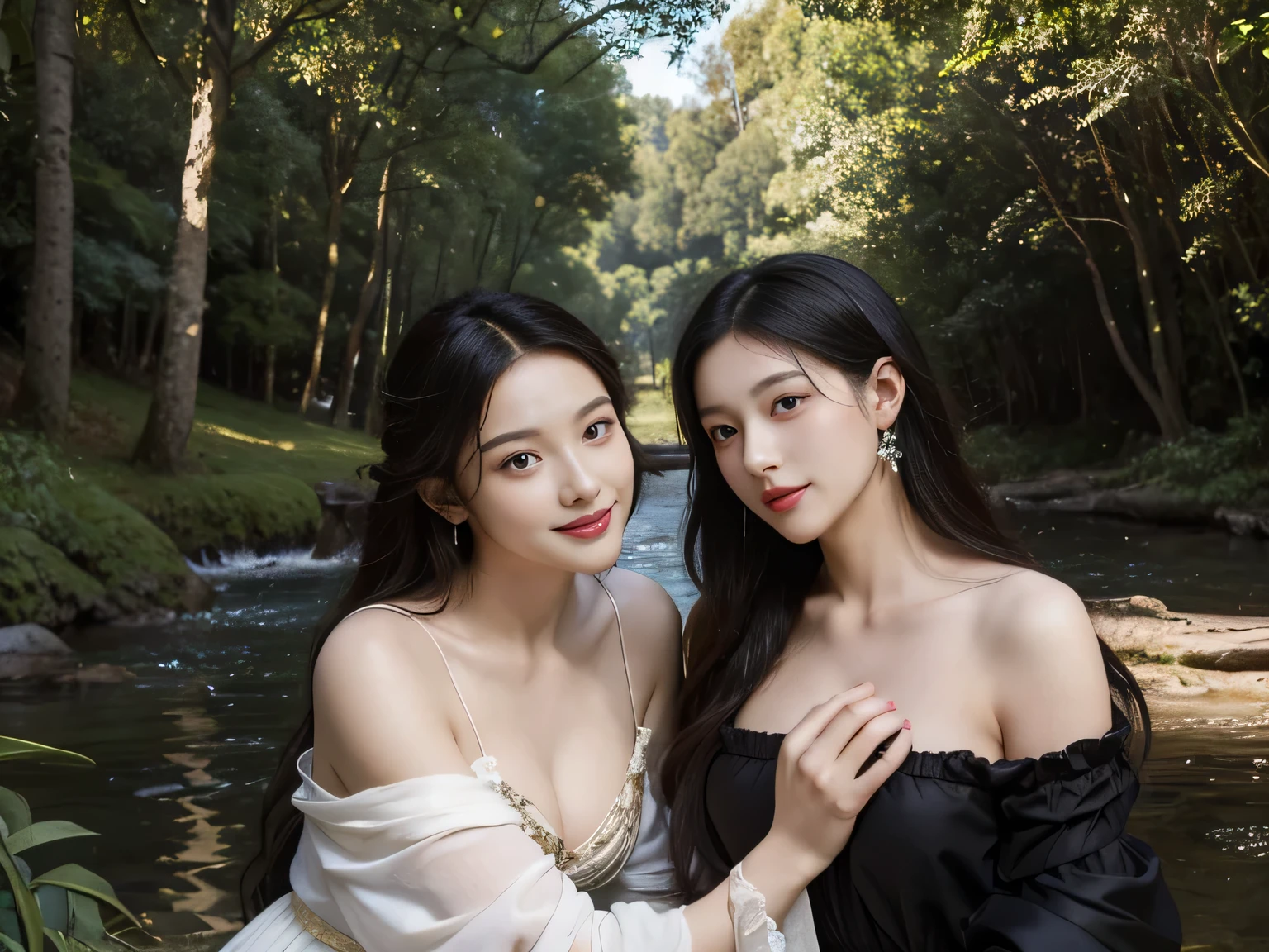 Giorgione painting style,Barbizon forest A beautiful woman in Greek dress smiles on the shore,Sweet and seductive appearance.、Caravaggio's paintings、Chiaroscuro of Caravaggio、hair tousled by the wind,Two women frolicking,cute smile, expression of ecstasy,Sexy,erotic, full body portrait