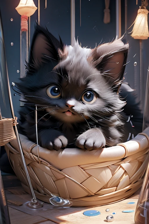 1 black kitten、Black hair only、In a cage at a pet store、Drops of water falling from the eyes、Sad expression