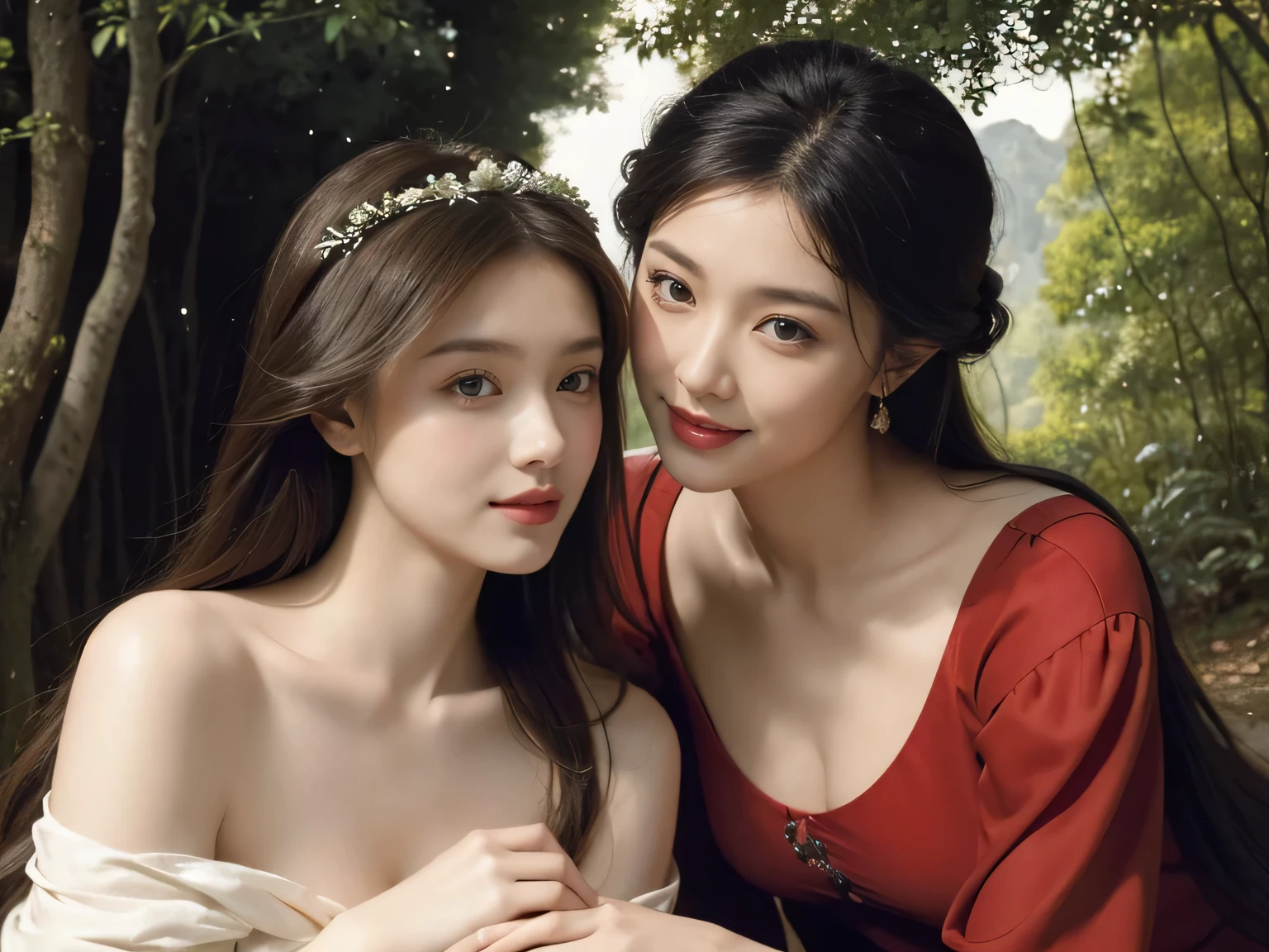 Giorgione painting style,Barbizon forest A beautiful woman in Greek dress smiles on the shore,Sweet and seductive appearance.、Caravaggio's paintings、Chiaroscuro of Caravaggio、hair tousled by the wind,Two women frolicking,cute smile, expression of ecstasy,Sexy,erotic, full body portrait