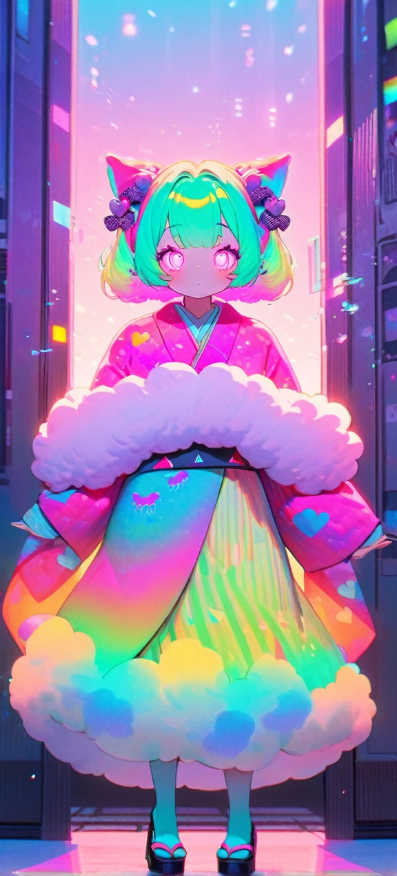 , change, Fluffy outfit ,
1 Girl, kimono, Glowing eyes, Colorful glowing hair , Full Body Love, Green Hair,
Kawaiitech, Soft colors, Kawaii, Lovely colors,