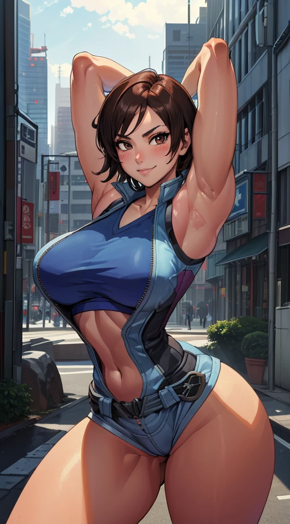(melhor qualidade:1.3), (qualidade 4K), asuka kazama, ((detailed face)),((smile)), ((curvy body)), (peitos grandes), sexy, (( cut hair)), ((sleeveless)), ((city)), arms up, armpits visible