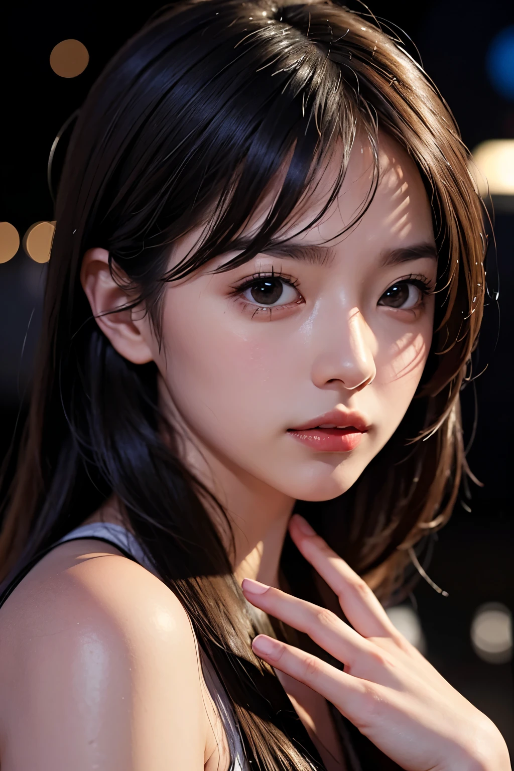 1girl, Tokyo street,night, cityscape,city lights, upper body,close-up, 8k, RAW photo, best quality, masterpiece,realistic, photo-realistic,