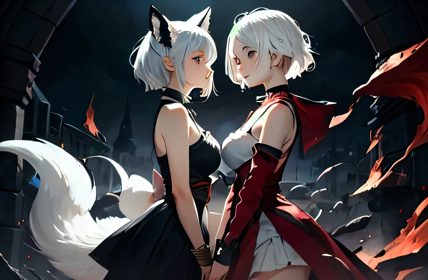 two girls one fox girl with white hair color one human girl white hair coloration looking at each other intensely,, two character, intense, full body, various hair colours, beautiful faces, dark evening, killing, fighting, bloodshed, fantasy, nice hands, perfect hands, mysterious setting, outdoor, alluring eyes, nice eyes, highres, 4k, (best quality, masterpiece:1.2), ultra-detailed, perfect illustration, blood splash, jewellery, perfect eyes, sharp, epic, highly detailed, choker, perfect face ratio, perfect face anatomy, big breasts, wide hips, perfect legs, alluring eyes