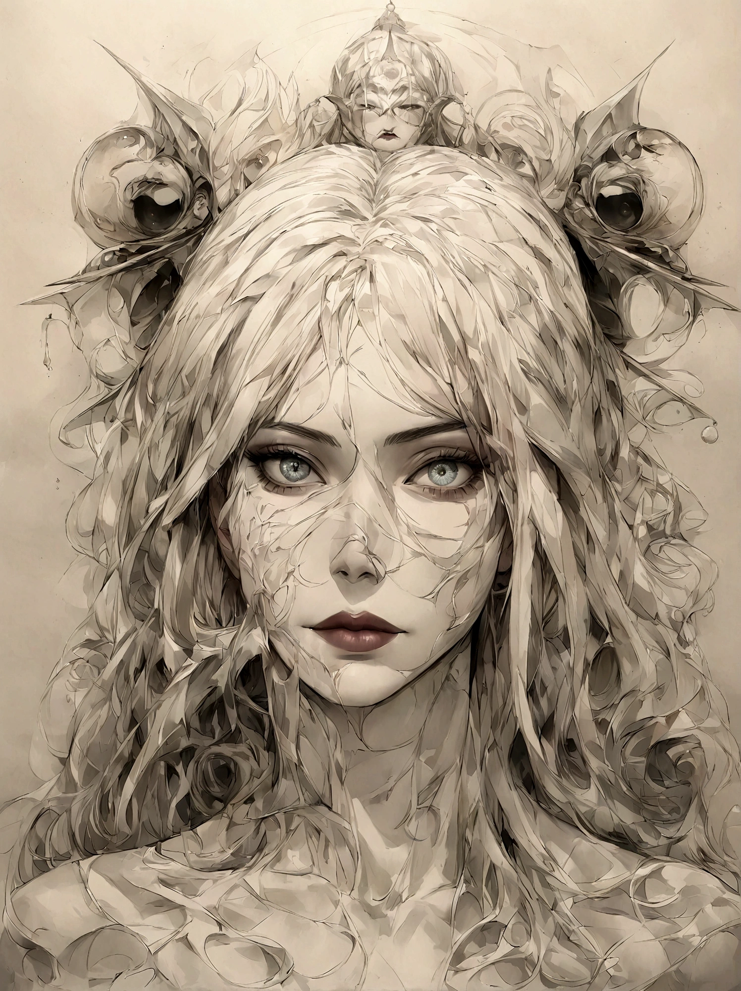 a beautiful attractive african american woman, nude skin, athletic physique, well-toned and fit body, slender, elegant form, nude skin, intricate detailed face, detailed eyes, detailed nose, detailed lips, hyper realistic, 8k, Coloring pages for adults, intricate and bold ink illustration, linhas incrivelmente detalhadas, desenho detalhado em preto e branco, arte em tinta,forte princesa guerreira, centrado, chave visual, intricado, altamente detalhado, breathtaking beauty, lineart preciso, vibrante, comprehensive cinematic, corpo nu,Carne Griffiths, Conrado Roset, (o retrato mais lindo do mundo:1.5)
