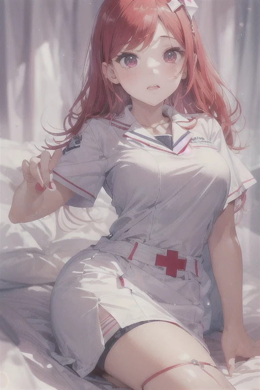 1 girl, Redhead, Facial hair, Red eyes, sexy、erotic、High Contrast、cute、highest quality, Very detailed, The most delicate and beautiful, High resolution, (highest quality,4K,8k,masterpiece:1.2)、Thighs、barefoot、Nurse uniform、Masturbation
