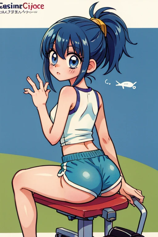 a girl sitting on gym cycle saddle, ass, looking back, dolphin shorts, blue hair, ponytail
