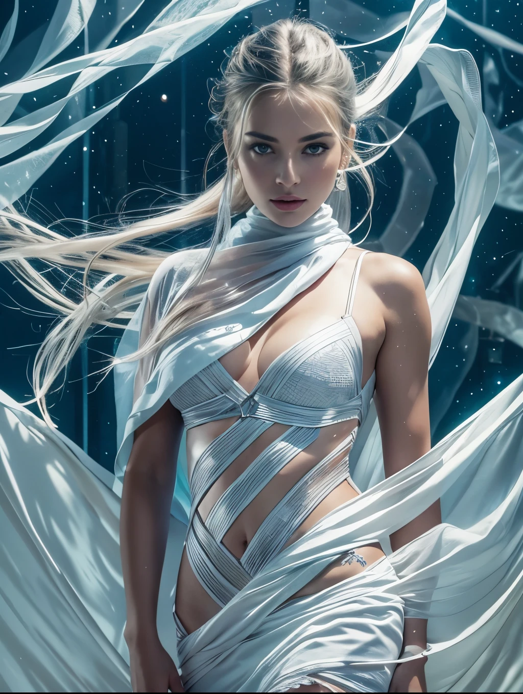 A stunning photorealistic masterpiece in Ultra High Definition (UHD) depicting a striking European woman in white futuristic armor, with her face shielded by a shiny glass protective covering. She is draped in flowing white cotton straps, accentuating her figure. The scene is set in a futuristic, aseptic environment with long strips of fabric billowing in the wind, adding a sense of movement. The woman wears a long, loose dress with a dramatic slit, illuminated by ambient blue light hues