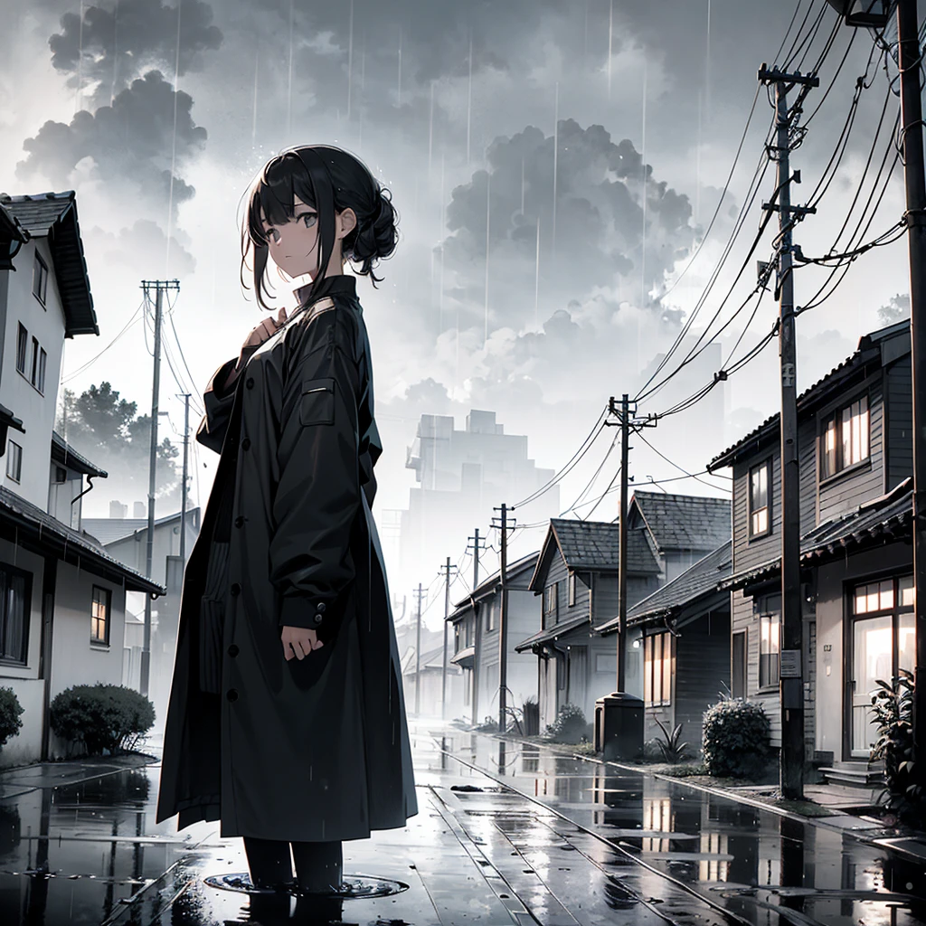 In the quaint, rain-soaked village, a solitary girl clad in a black uniform stands on the deserted street, looking directly at the viewer. The melancholic ambiance of the day is accentuated by the drizzling rain, as it pelts against the girl's uniform, making it seem almost translucent. In the background, a car can be seen parked in a nearby field, its tires kicking up mud as if beckoning the passing of time. The village, shrouded in monochrome tones, is picturesquely framed by the falling rain and the grey, moody sky overhead. The intricate details of the scene are rendered in best quality, ultra-