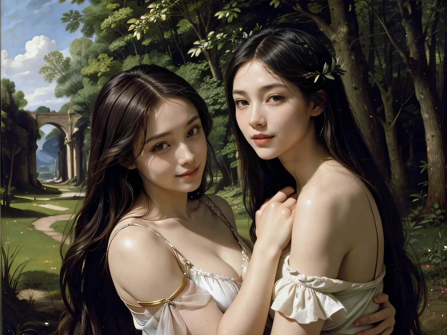 Giorgione painting style,Barbizon forest A beautiful woman in Greek dress smiles on the shore,Sweet and seductive appearance.、Caravaggio's paintings、Chiaroscuro of Caravaggio、hair tousled by the wind,Two women frolicking,cute smile, expression of ecstasy,Sexy,erotic, full body portrait