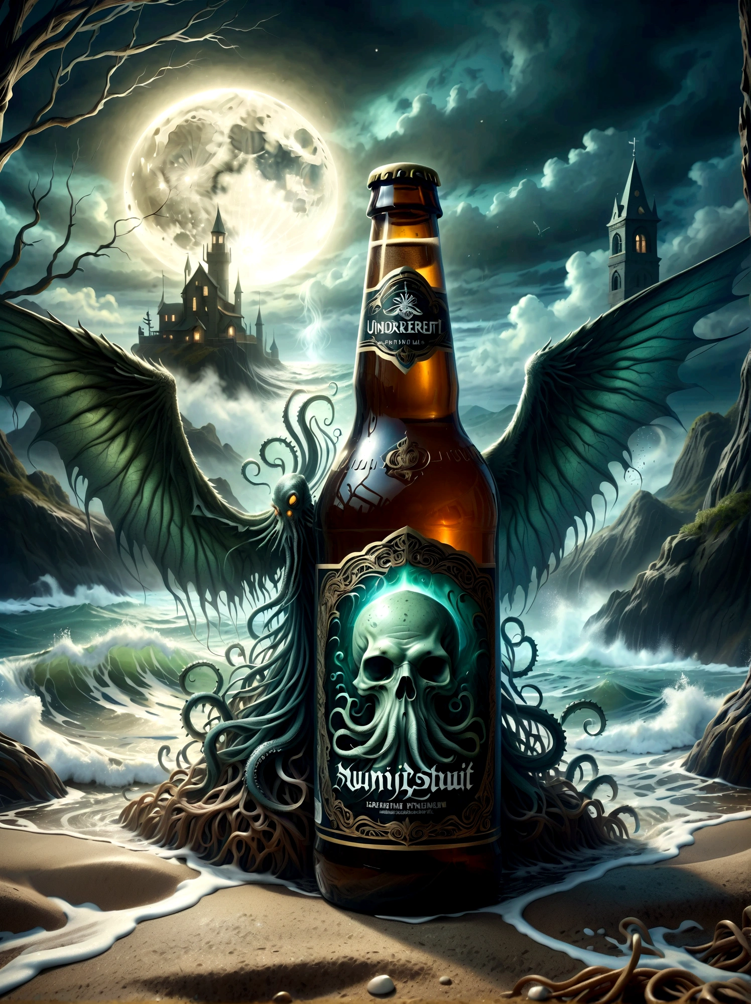 Visualize this: a dimly lighted ancient, colossal creature, reminiscent of Lovecraft's creature with tentacles and wings - descending ominously through misty waters. In the foreground, a crafted beer displaying intricate details on the bottle, the frothy ale almost spilling out of its brim, with the eerie backdrop subtly reflecting on the glass surface. The atmosphere is thick with an undercurrent of subtle horror seductively luring you into this scenario borrowed from Lovecraft's eerie world but reimagined with modern elements.