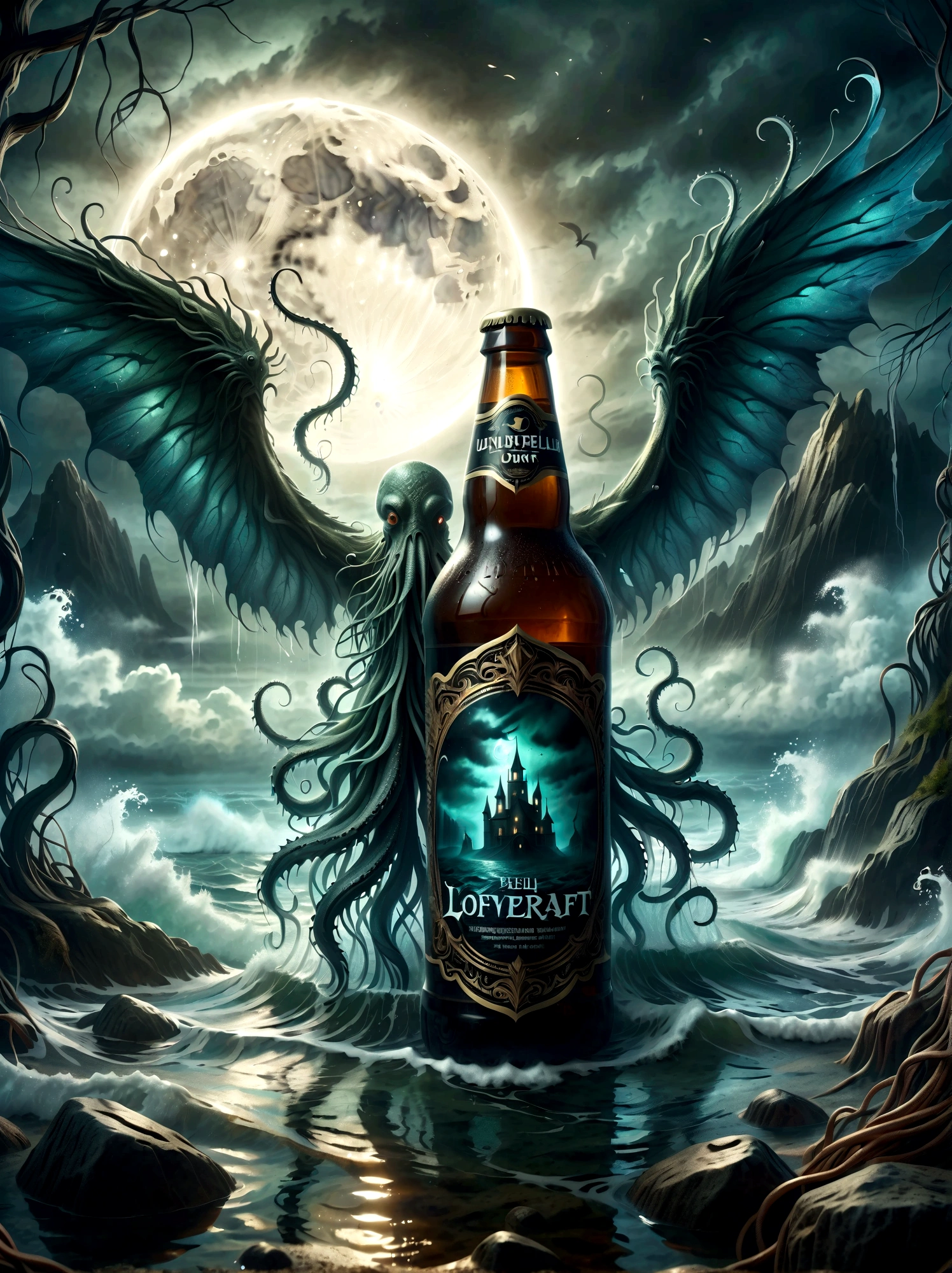 Visualize this: a dimly lighted ancient, colossal creature, reminiscent of Lovecraft's creature with tentacles and wings - descending ominously through misty waters. In the foreground, a crafted beer displaying intricate details on the bottle, the frothy ale almost spilling out of its brim, with the eerie backdrop subtly reflecting on the glass surface. The atmosphere is thick with an undercurrent of subtle horror seductively luring you into this scenario borrowed from Lovecraft's eerie world but reimagined with modern elements.