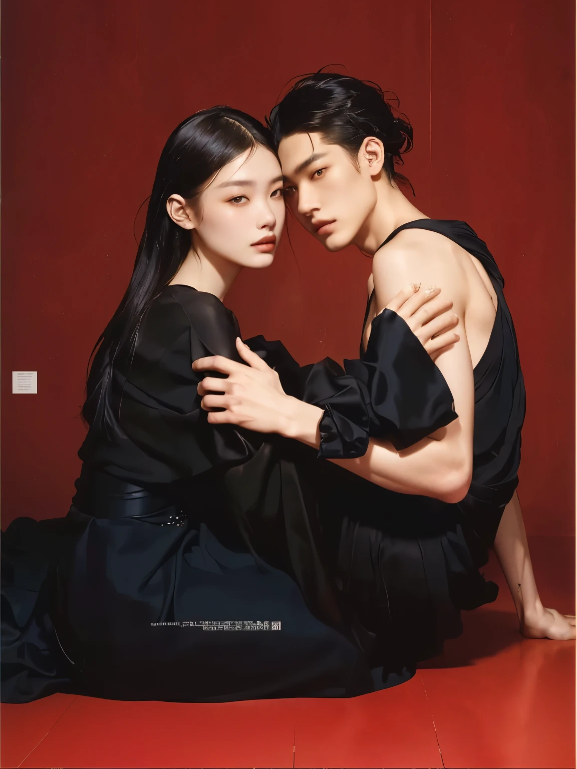 a close up of a person sitting on a floor with a woman, photo from vogue magazine, photoshoot for vogue magazine, jordan grimmer and natasha tan, roberto ferri and ruan jia, editorial photo from magazine, official valentino editorial, ruan jia and brom, by Tadashi Nakayama, couple pose, official vogue editorial, photoshoot, glossy magazine photoshoot, lv