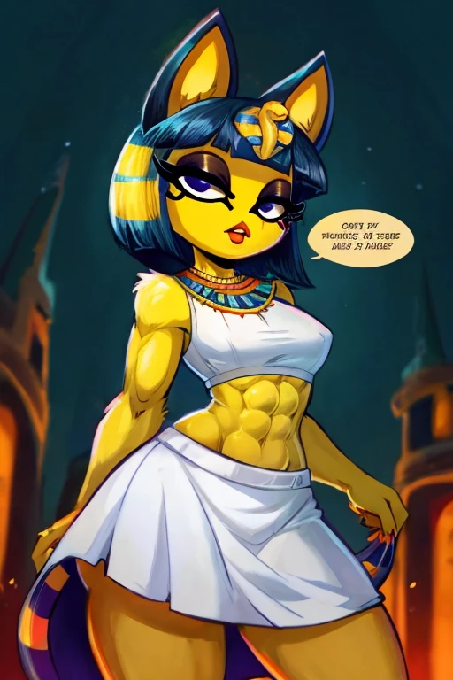 ((best quality)), ((masterpiece)), (detailed), Ankha with abs wearing a crop top of her white sleeveless dress with white dress skirt, she is talking, trending on artstation, digital artwork